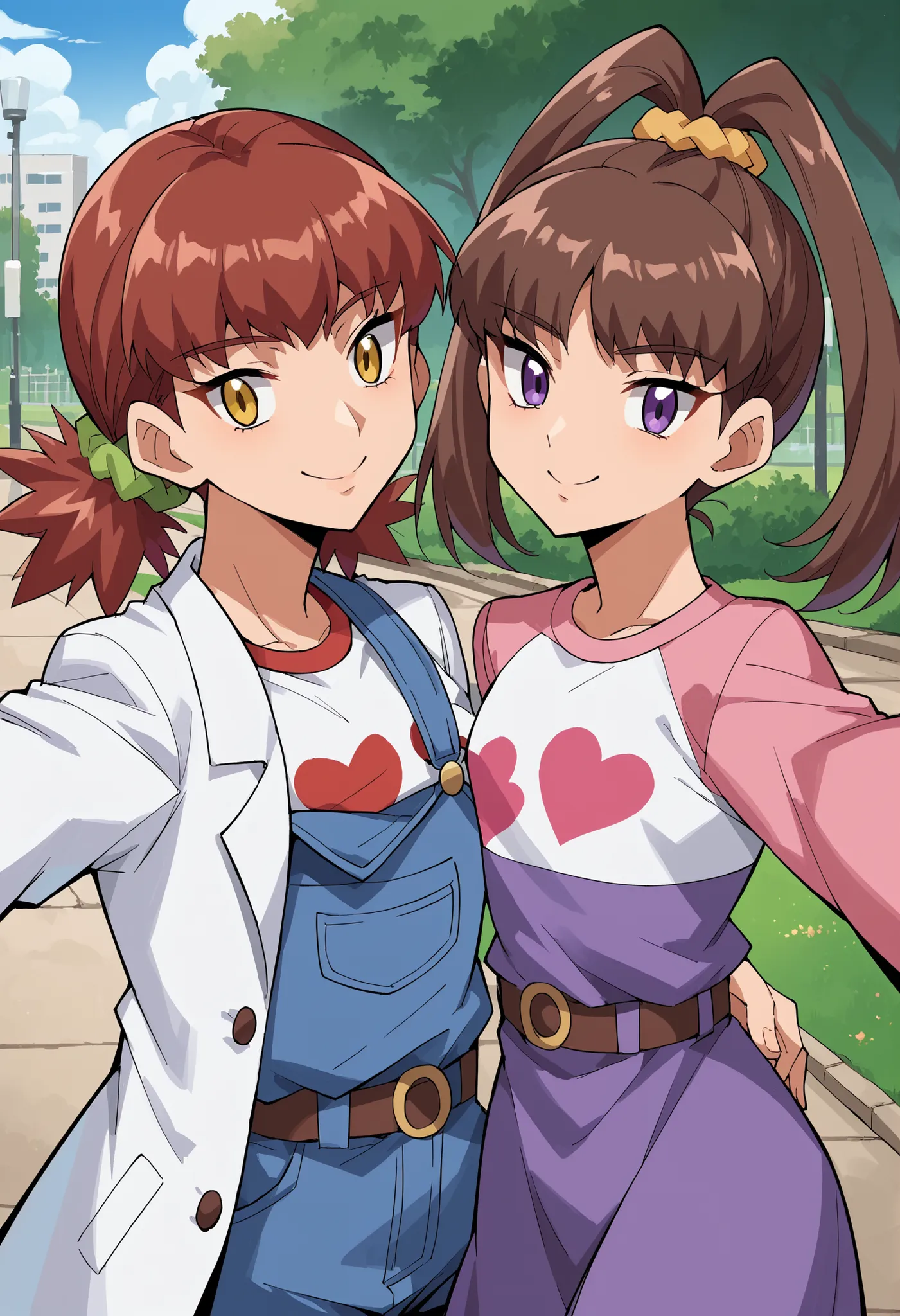 2girls, selfie, v, upper body, outdoors, park, 1girl, Brown hair, high ponytail, purple eyes, jewelry, short dress, purple dress, Pink lab coat
BREAK
2girls, selfie, v, upper body, outdoors, park, 1girl, red hair, yellow eyes, twintails, scrunchie, two-ton...