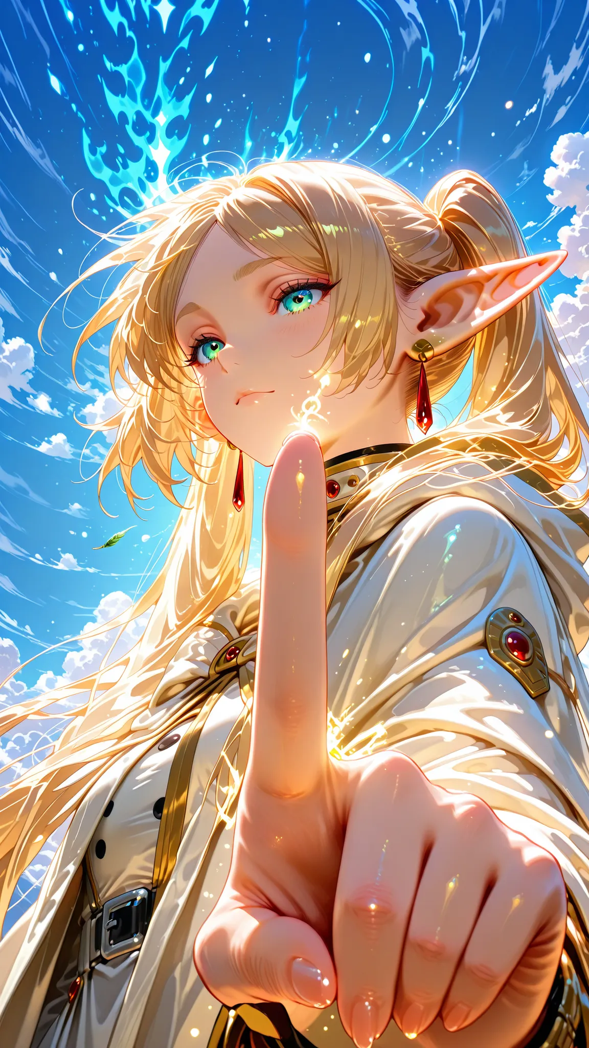 Close up Frieren from Frieren: Beyond Journey’s End, flying gently through the sky, her cloak and long blonde hair flowing in the wind, her finger is touching the air distrotion that look like a ripple effect, calm and focused expression, glowing magic aur...