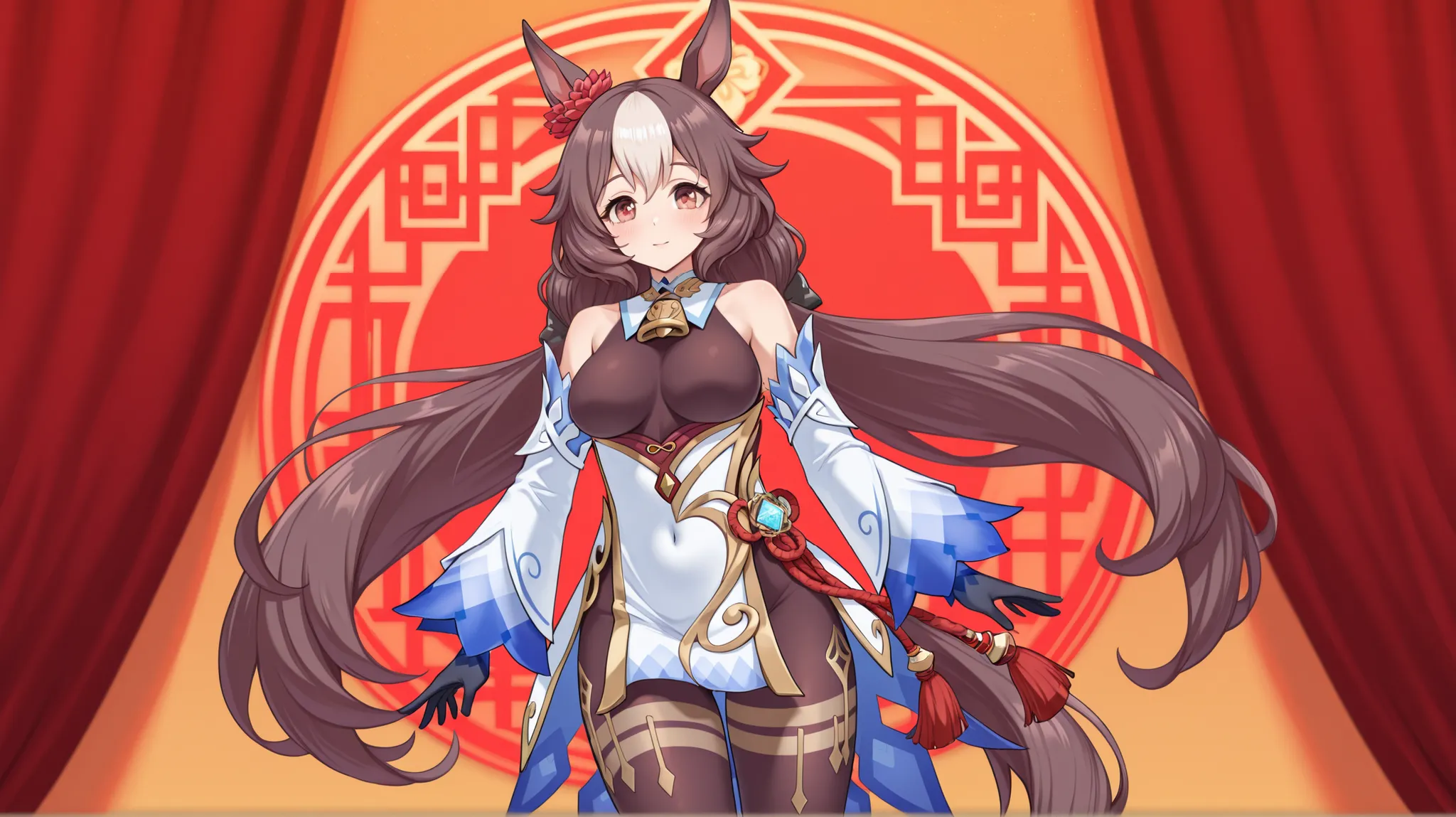 yamanin zephyr（Uma Musume）, Uma Musume, solo, [top quality], [Super beautiful CG], [Highly Detailed CG], [Super Detailed], [CG illustration], [high resolution], [extremely delicate and beautiful],  very detailed skin, Medium Breasts,  genshin ganyu cosplay...