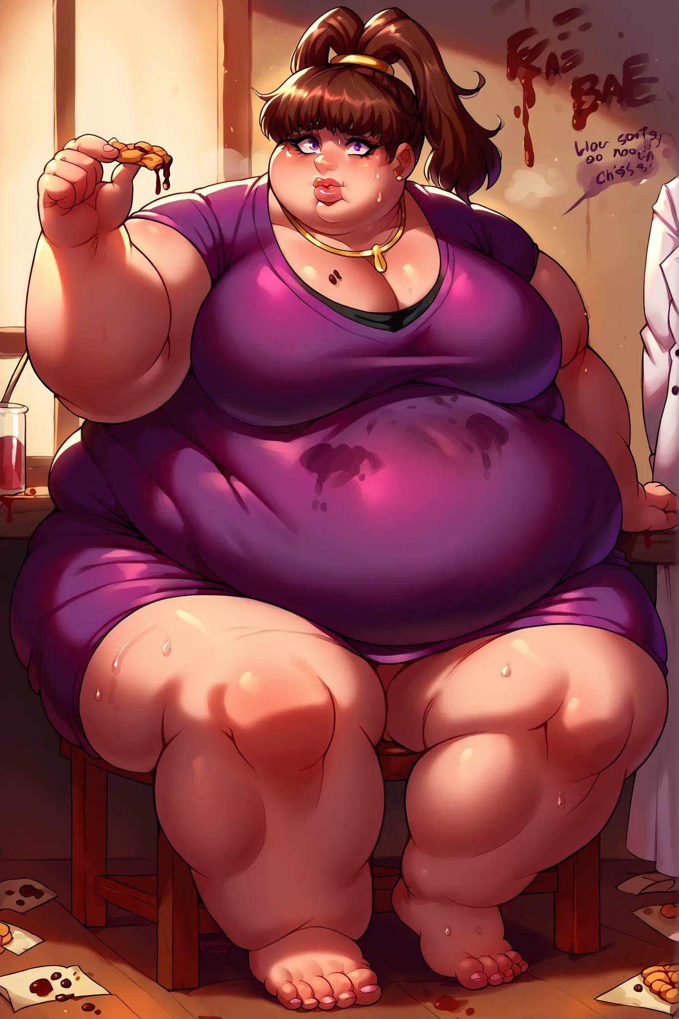 1girl, Brown hair, high ponytail, purple eyes, jewelry, short dress, purple dress, Pink lab coat
BREAK, giant hands, giant feet, fat, chubby, obese, gigantic arms and legs, gigantic breasts, sagging breasts, full body shot, fat face, chubby face, double ch...