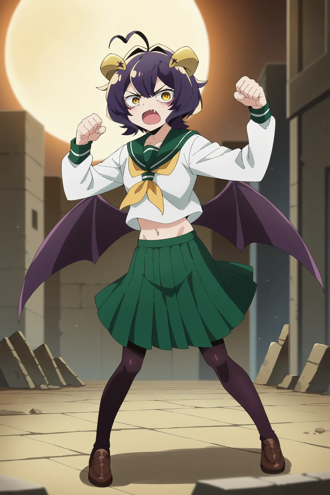 Full body depiction, forward-looking, overacting, fighting stance, sharp eyes, The background is the ruins of a future world, a large moon, time gap, utena hiiragi, short hair, yellow eyes, purple hair, ahoge, hair intakes,,skirt, shirt, long sleeves, scho...