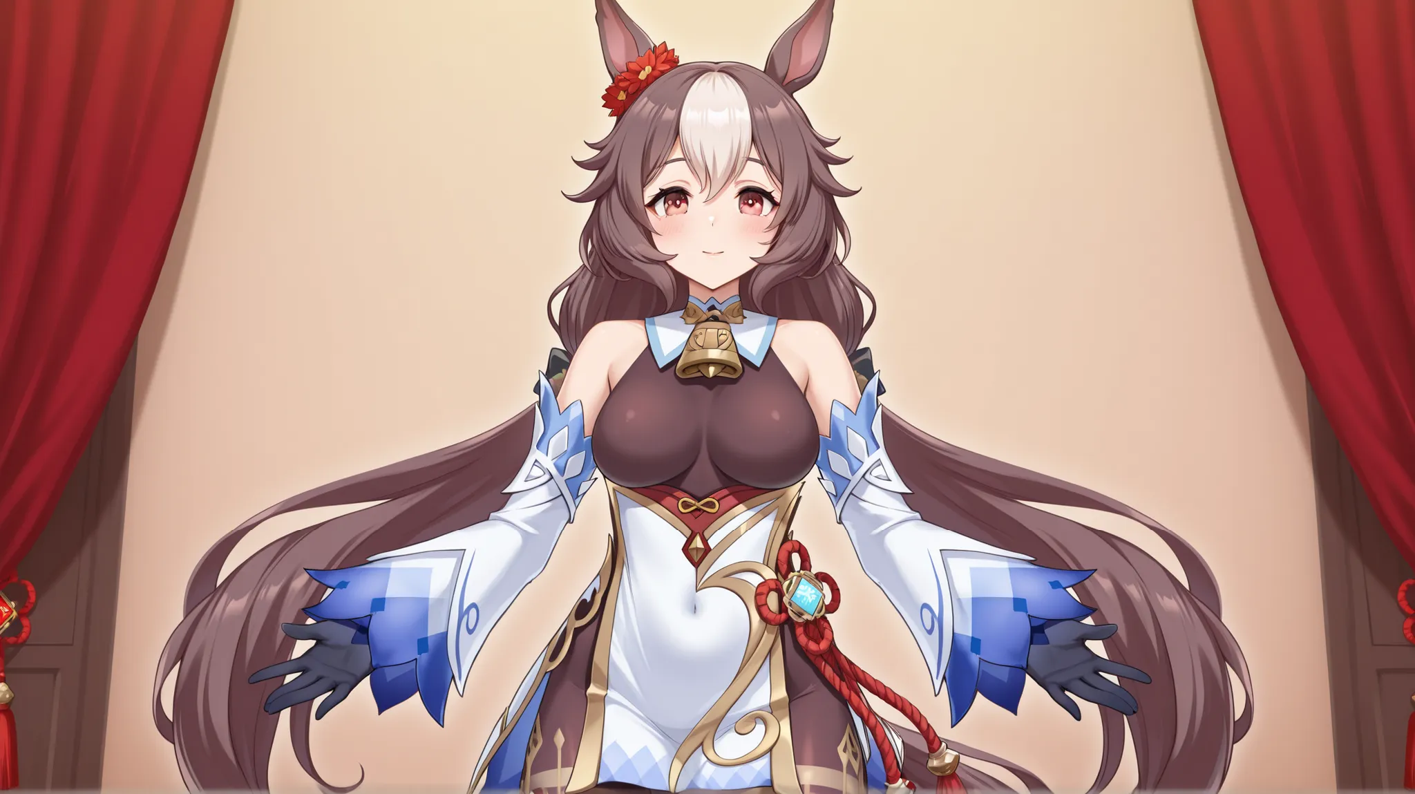 yamanin zephyr（Uma Musume）, Uma Musume, solo, [top quality], [Super beautiful CG], [Highly Detailed CG], [Super Detailed], [CG illustration], [high resolution], [extremely delicate and beautiful],  very detailed skin, Medium Breasts,  genshin ganyu cosplay...