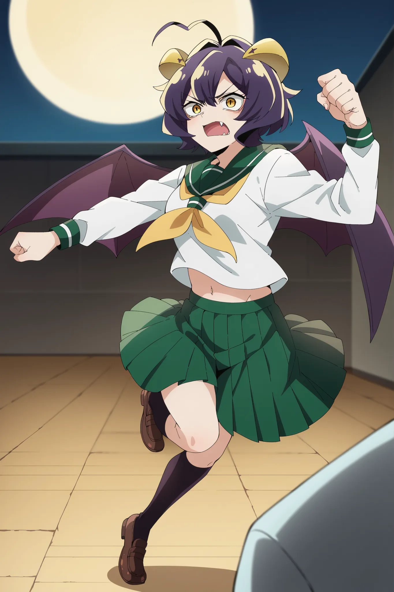 Full body depiction, forward-looking, overacting, Roundhouse kick, fighting stance, sharp eyes, The background is a slum, a large moon, time gap, utena hiiragi, short hair, yellow eyes, purple hair, ahoge, hair intakes,,skirt, shirt, long sleeves, school u...
