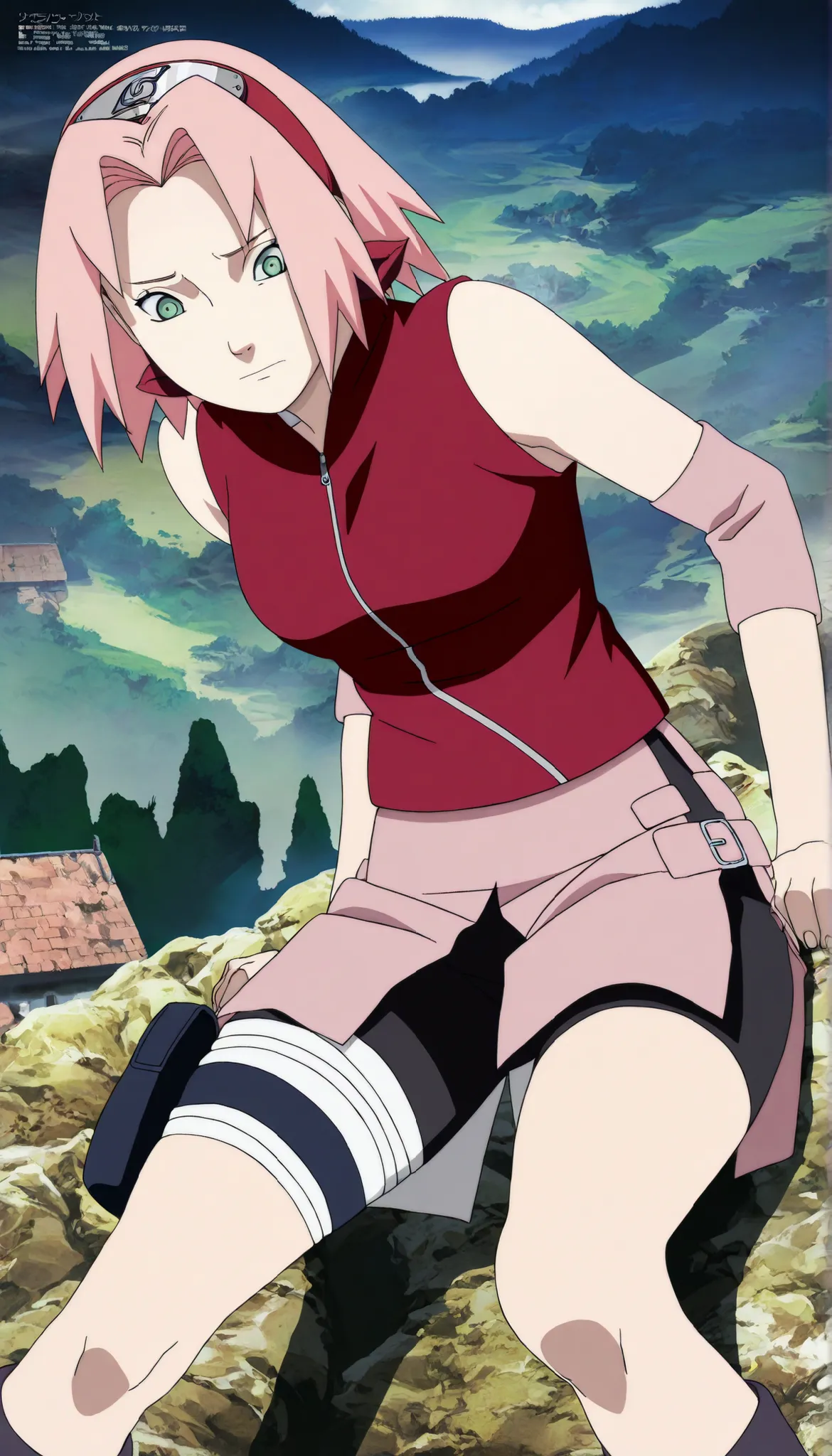 1girl,haruno sakura standing, BREAK pink hair, short hair, red hairband, green eyes, parted bangs, BREAK red sleeveless minidress, zipper, pink miniskirt, bandaged thigh, BREAK medium breasts, beautiful body, beautiful legs ,lift legs, masterpiece,best qua...