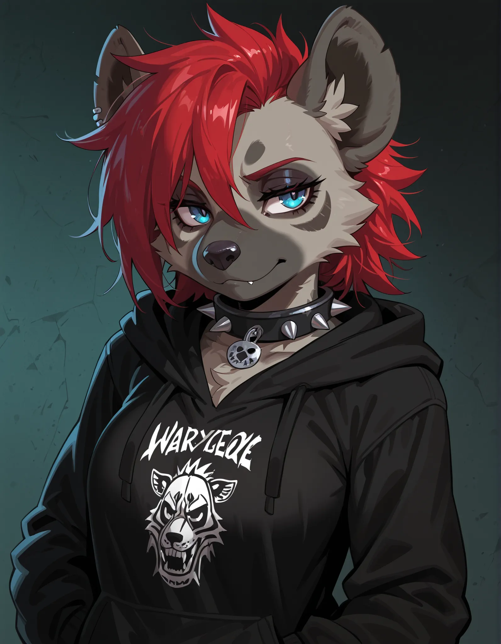 awdstyle,, 1girl, solo, anthro hyena, furry, furry female, blue eyes, punk, grey fur, black hoodie, breast, spike collar, red hair,