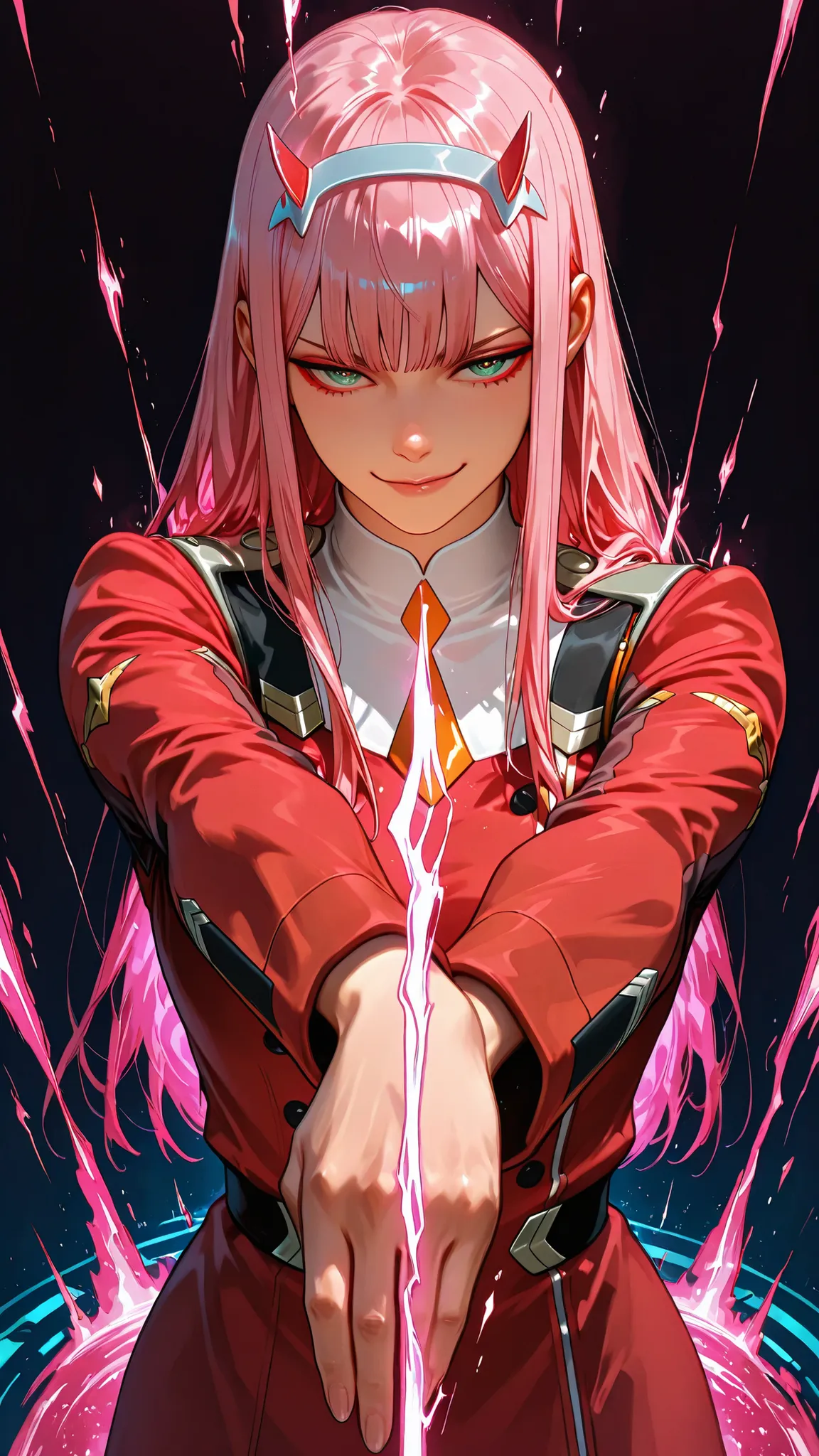 Zero Two from Darling in the Franxx, seductive calm pose, standing confidently with slight smirk, red uniform, pink hair, futuristic dark background, anime style, highly detailed, 8k, vibrant lighting, ultra-hyper-realistic, ultra-detailed, hyper-detailed ...
