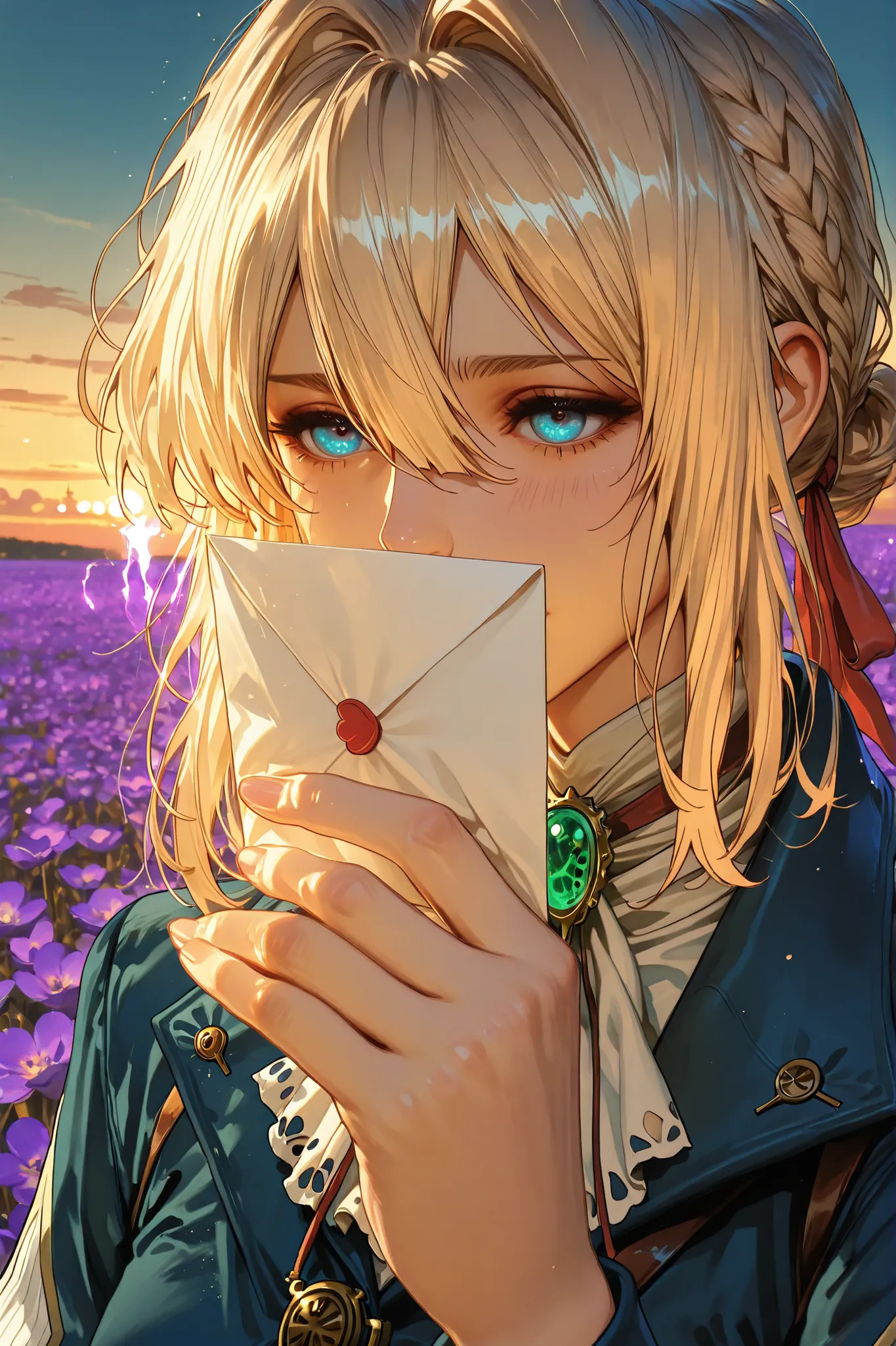 Violet Evergarden, close up, sunset sky, serene and composed pose, standing in a field of flowers, holding a letter in her hand, blue military dress, long golden hair and blue eyes, soft breeze and sunlight, anime style, emotional tone, 8k, ultra-hyper-rea...