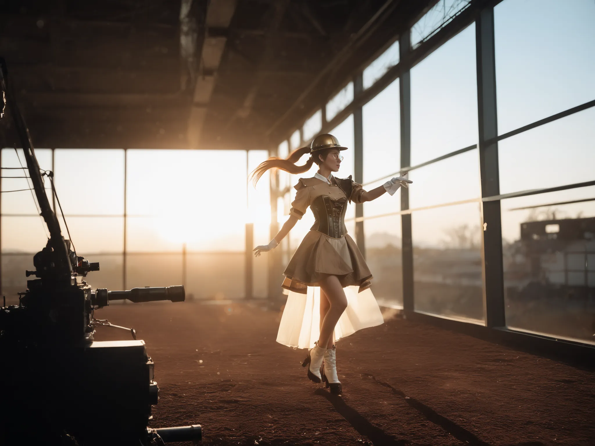 fofo realista, A steampunk style girl, with extremely long long blonde hair,  long hair, twintails,  The hair is extremely long it has never been cut , wearing brown aviator helmet with gold glasses, brown and white military uniform style dress with ruffle...
