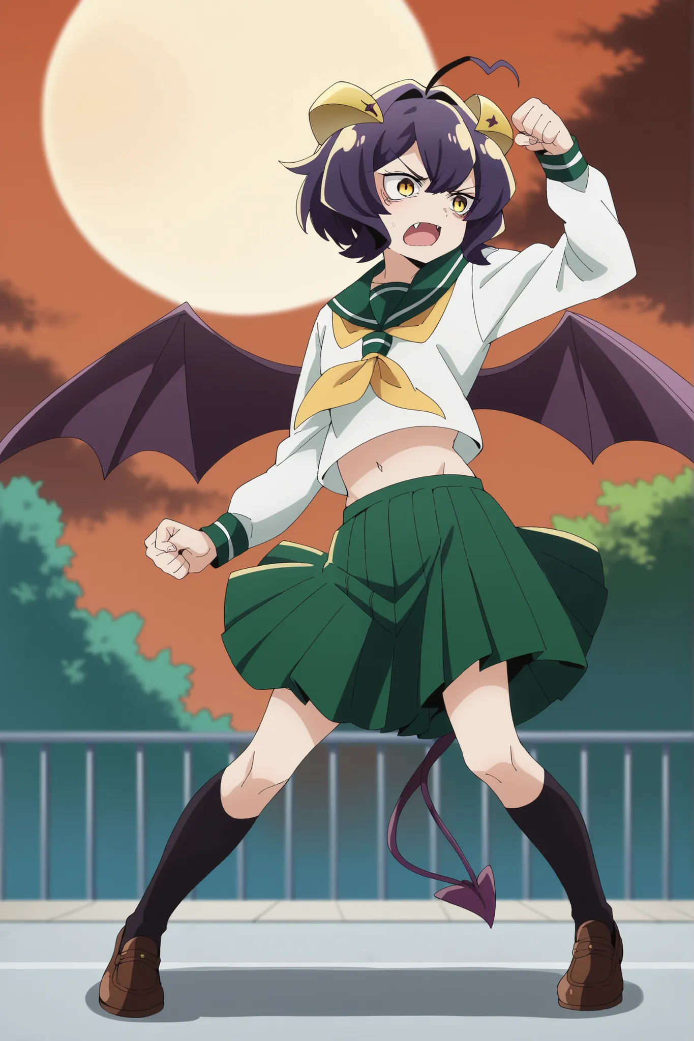 Full body depiction, forward-looking, overacting, kick, fighting stance, sharp eyes, The background is a slum, a large moon, time gap, utena hiiragi, short hair, yellow eyes, purple hair, ahoge, hair intakes,,skirt, shirt, long sleeves, school uniform, whi...