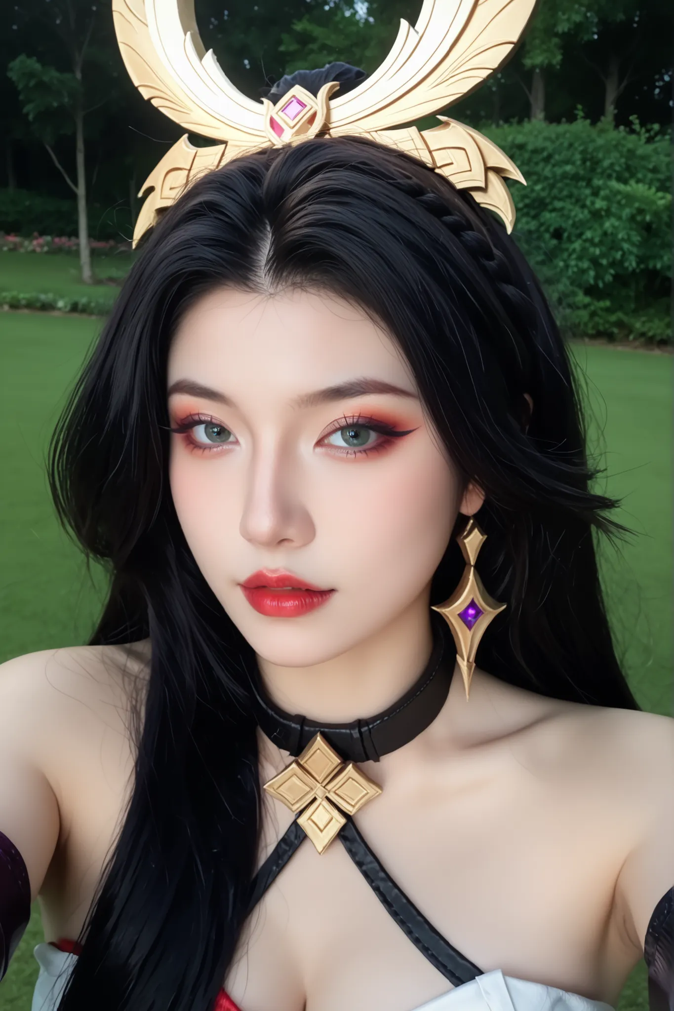 mulher cosplayer, ela é cosplayer de hanabi mobile from legends, hanabi from mobile legends, ultradetalhado, she's staring deafly ,pele real,textura da pele,  she's taking a selfie standing in a lush green field
