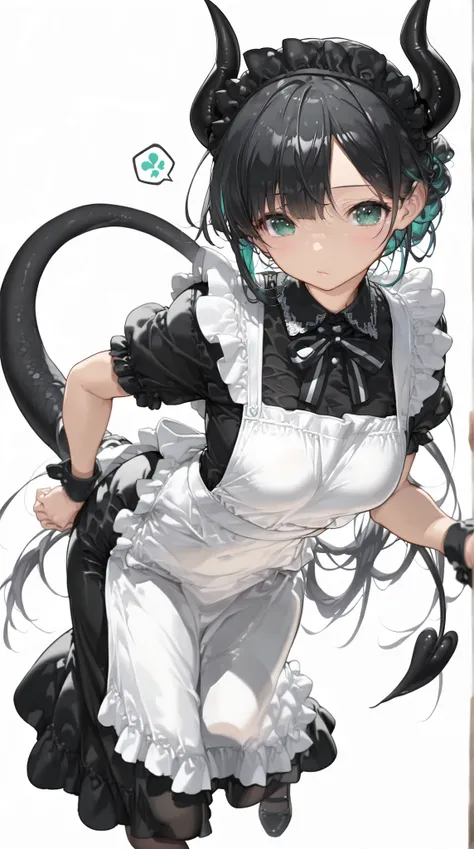 (((White background)))A woman in a black maid outfit black hair very long hair、Updo Have a big crystal ballFull body black Adult woman with dragon horns and tail black hair(High resolution masterpiece, , high resolution mode, highest quality: 1.2)(masterpi...
