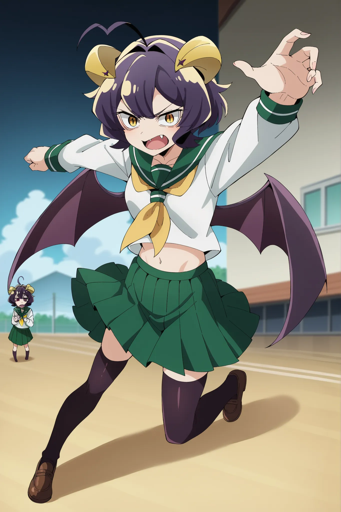 Full body depiction, forward-looking, overacting, kick, fighting stance, sharp eyes, The background is a slum, a large moon, time gap, utena hiiragi, short hair, yellow eyes, purple hair, ahoge, hair intakes,,skirt, shirt, long sleeves, school uniform, whi...