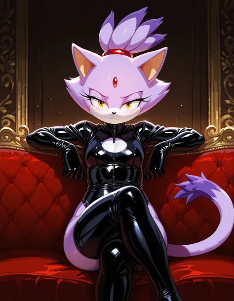 awdstyle,, 1girl, solo, latex, latex gloves, latex legwear, crossed legs, looking at viewer, relaxed expression, furry, blaze the cat, purple fur, topknot, ponytail, cat tail, yellow eyes, extremely detailed, highres, masterpiece, best quality