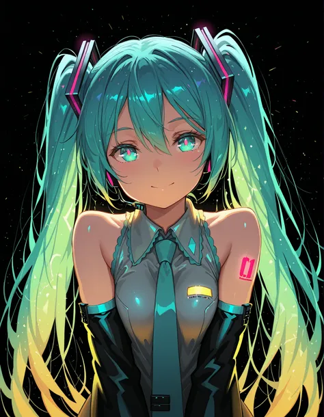 awdstyle,, Hatsune Miku,limited palette,black background,colorful,vibrant,glowing outline,neon,blacklight,looking at viewer, masterpiece, very aesthetic