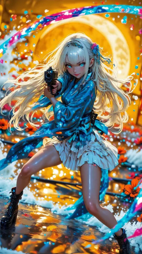 8k,top quality、max resolution,masterpiece,beautiful face, shiny skin ,Smile Yang  ,favorite face ,1girl, solo, amazing long hair, knee-high, Battle Pose(  is amazing),weapons, Moon and big waves , Battle Pose, Curved Platform Shoes,      Black Reaper      ...