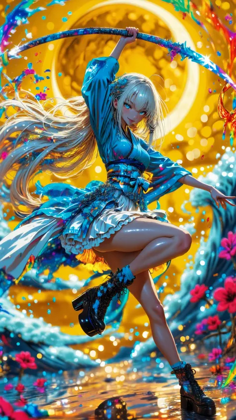 8k,top quality、max resolution,masterpiece,beautiful face, shiny skin ,Smile Yang  ,favorite face ,1girl, solo, amazing long hair, knee-high, Battle Pose(  is amazing),weapons, Moon and big waves , Battle Pose, Curved Platform Shoes,      Black Reaper      ...