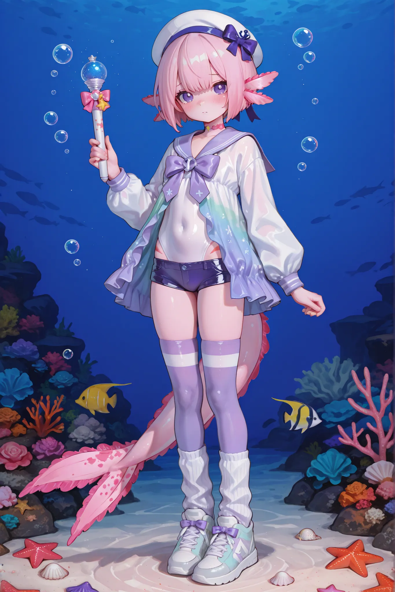 748cmstyle,puririkaaastyle,(male/boy character) The femboy idol. Beastman/furry/anthropomorphic axolotl. He has light pink skin covered with blush. He has a petite, flat-chested androgynous body structure. He has two-tone blue-purple eyes. He has pink shor...
