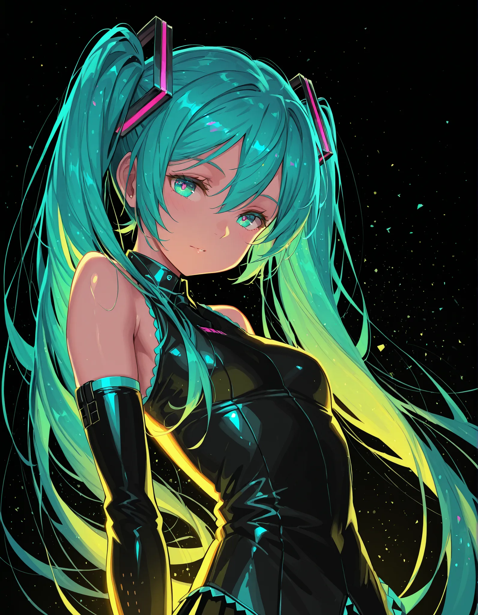 awdstyle,, Hatsune Miku,limited palette,black background,colorful,vibrant,glowing outline,neon,blacklight,looking at viewer, masterpiece, very aesthetic