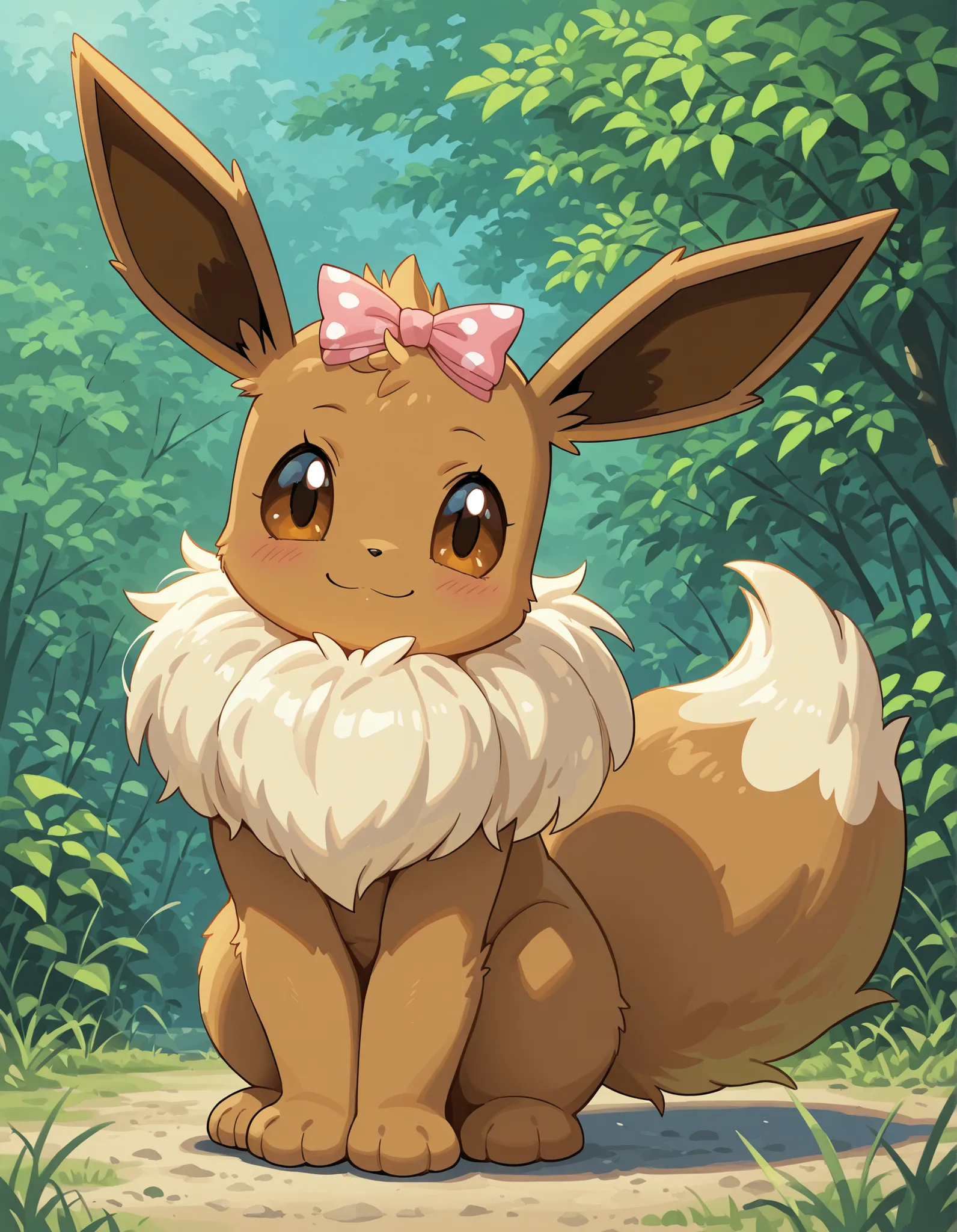 awdstyle,, pokekid, eevee, fluffy girl, furry girl, female, smile, smiling, has a big pretty bow in her hair, has animal paws for hands, 1girl, best quality, outdoors, high definition, cute,
