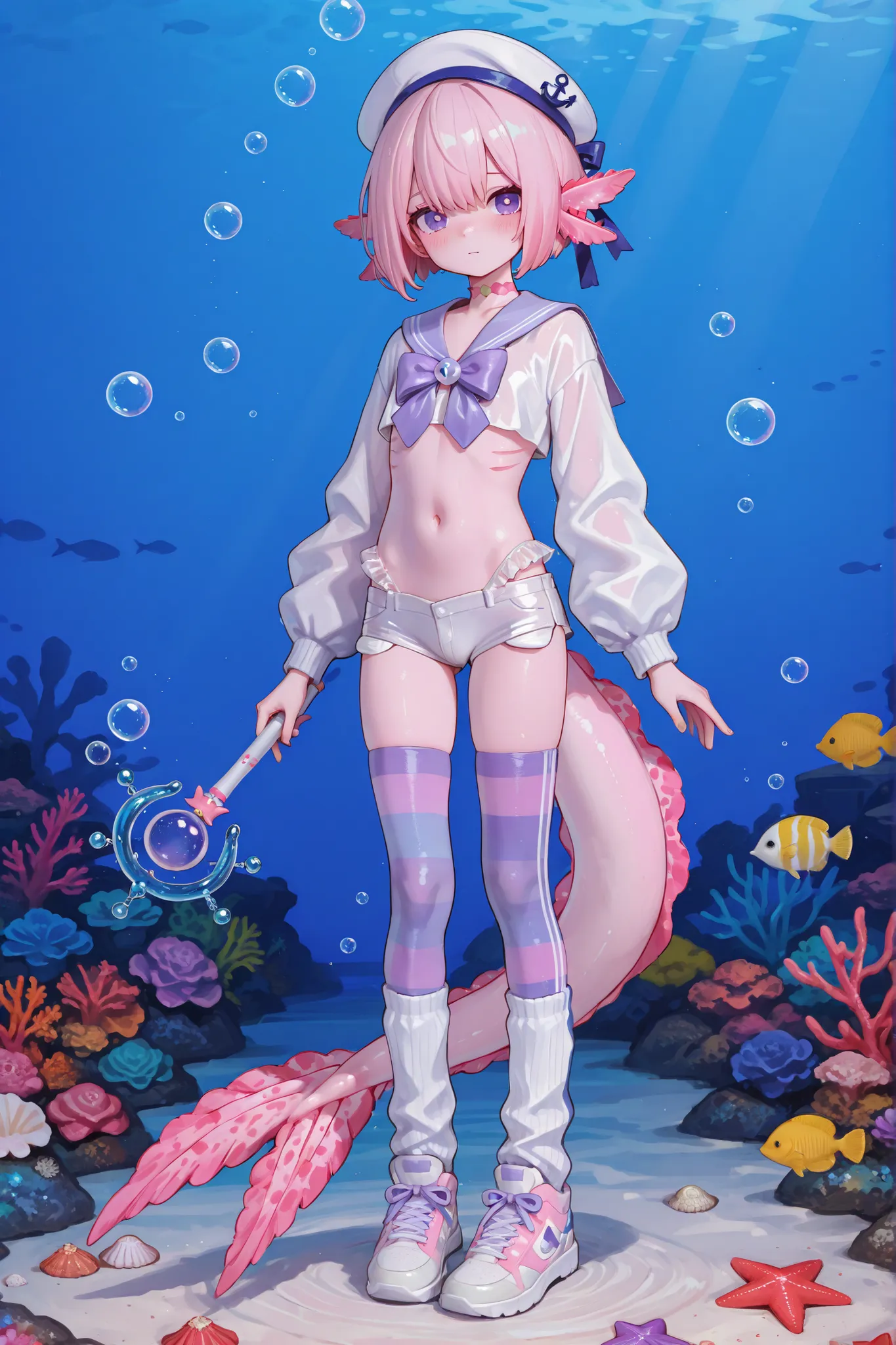 748cmstyle,puririkaaastyle,(male/boy character) The femboy idol. Beastman/furry/anthropomorphic axolotl. He has light pink skin covered with blush. He has a petite, flat-chested androgynous body structure. He has two-tone blue-purple eyes. He has pink shor...