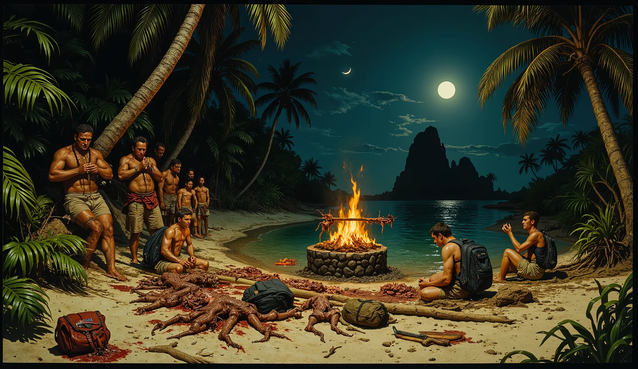A crescent moon casts a pale glow over a jagged desert island, fringed by gnarled palms. The lagoon, an obsidian mirror, reflects the fire’s amber flicker, embers drifting into the inky night. A crude firepit of blackened stones holds a sagging spit, its c...