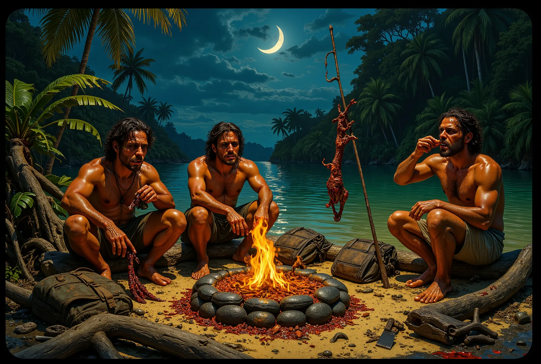 A crescent moon casts a pale glow over a jagged desert island, fringed by gnarled palms. The lagoon, an obsidian mirror, reflects the fire’s amber flicker, embers drifting into the inky night. A crude firepit of blackened stones holds a sagging spit, its c...