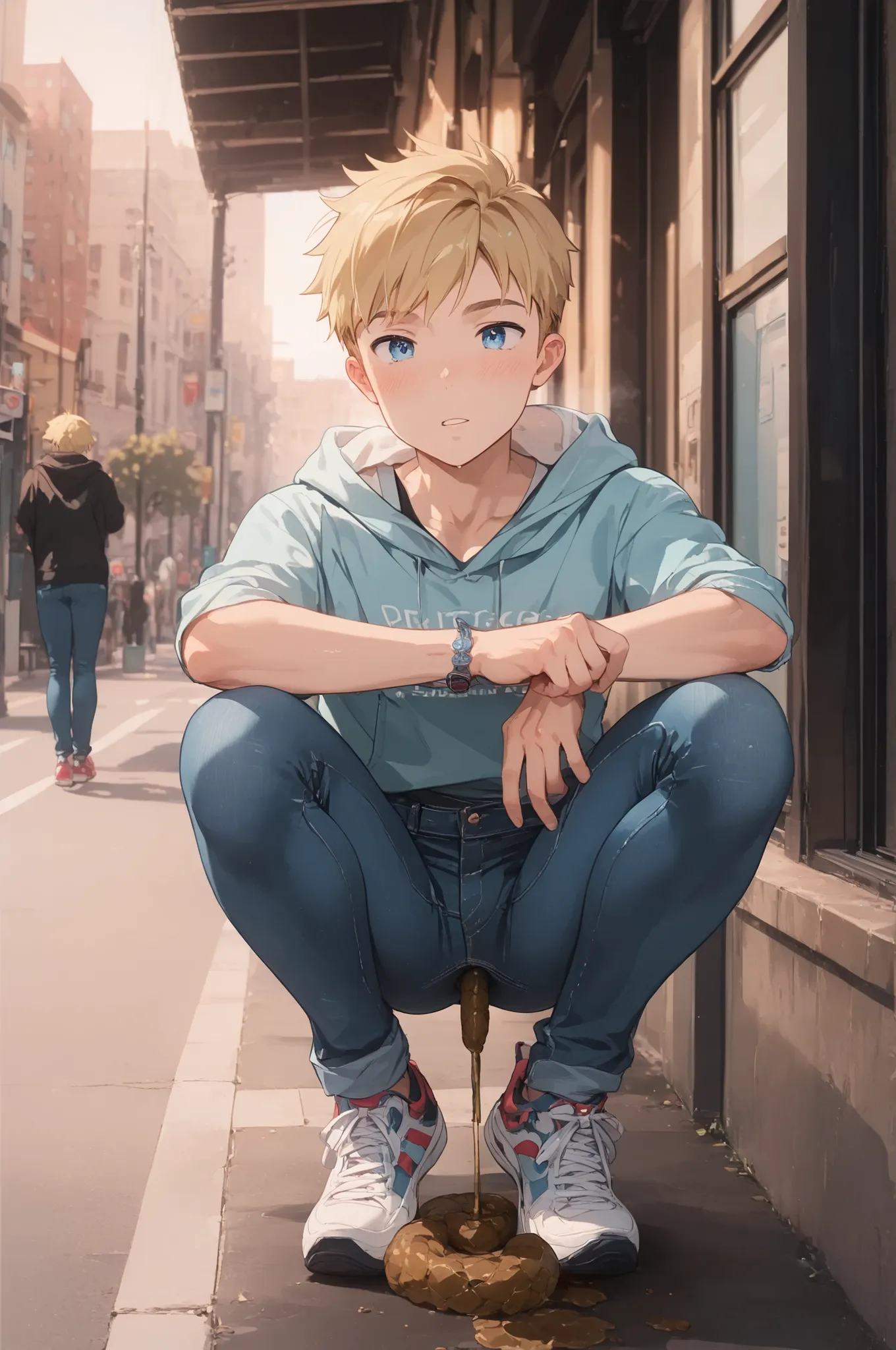 1boy, male focus, solo, blue eyes, blonde hair,,score_9, score_8_up, score_7_up, best quality. Slim sporty boy 1boy, wearing hoodie, 1boy, (is squatting, Legs lowered :1.1), ((( Poop ,)), internal, 1boy, blonde hair,, wide shoulder ,thin waist, wide hips, ...