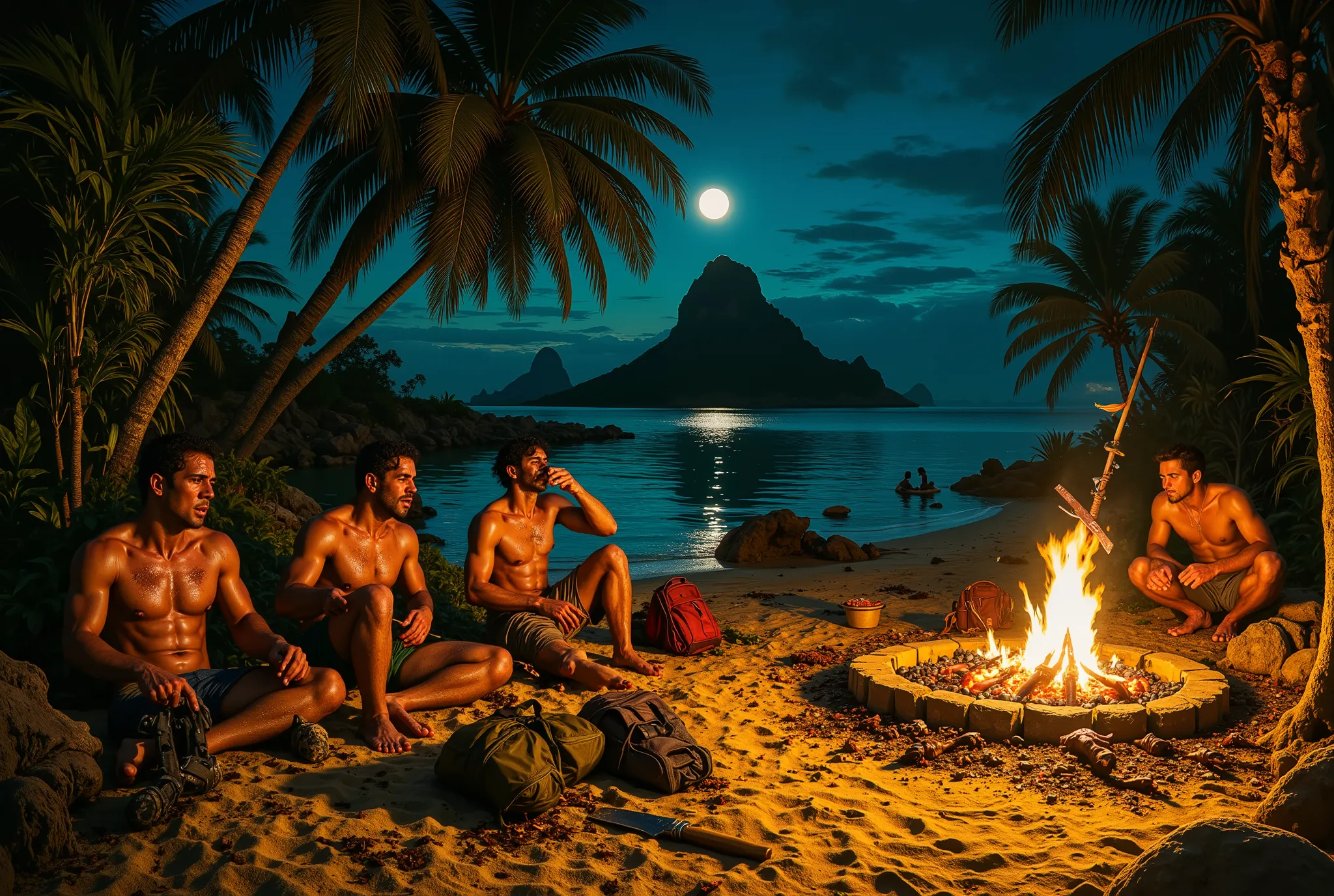 Group must include both men and women! Mostly white people. A crescent moon casts a pale glow over a jagged desert island, fringed by gnarled palms. The lagoon, an obsidian mirror, reflects the fire’s amber flicker, embers drifting into the inky night. A c...