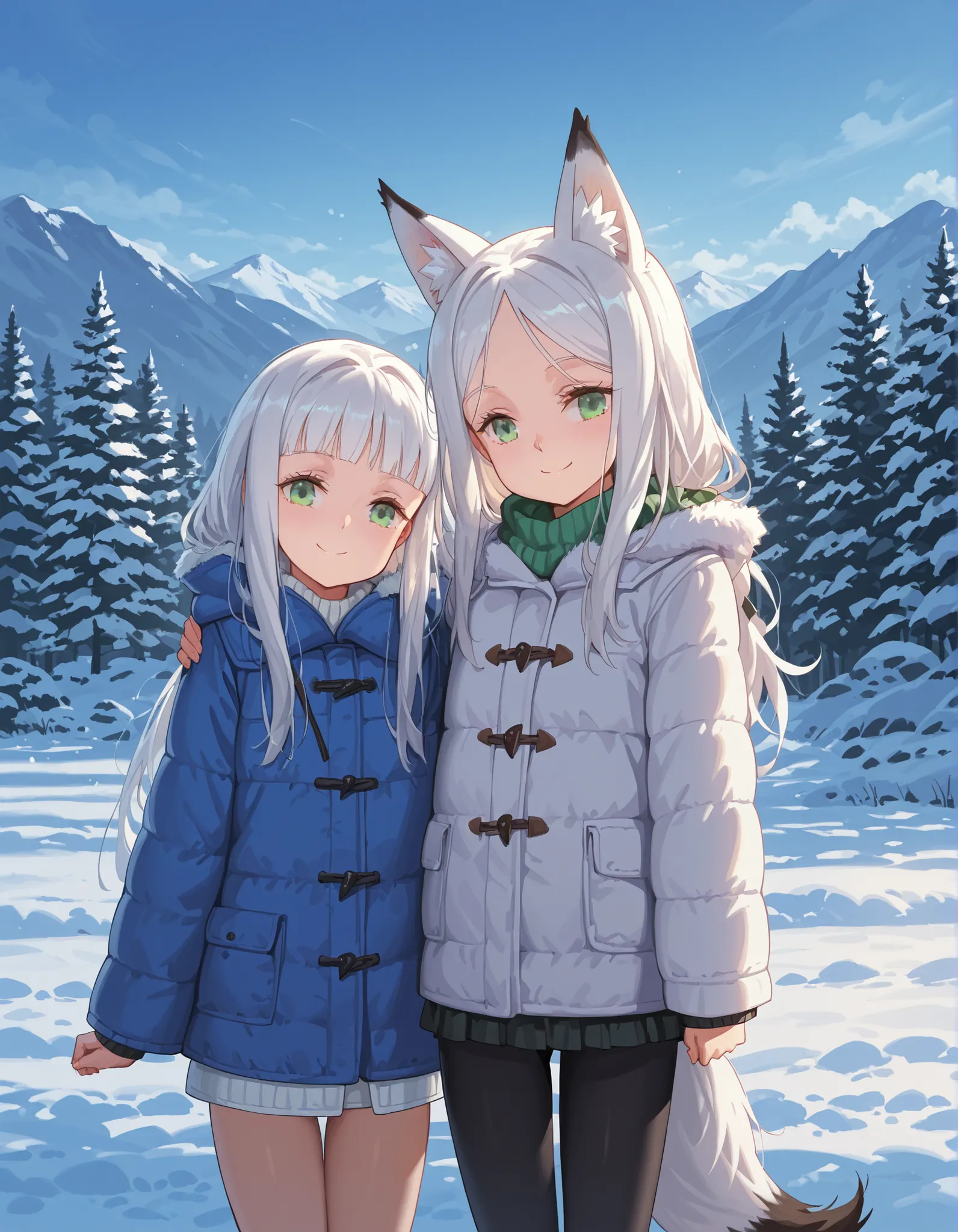 awdstyle,, anime, BREAK, young fox girl, skinny and frail, (petite,cute:0.5), green eyes, looking at viewer, long hair, white hair, smile, winter clothes, outdoors, winte