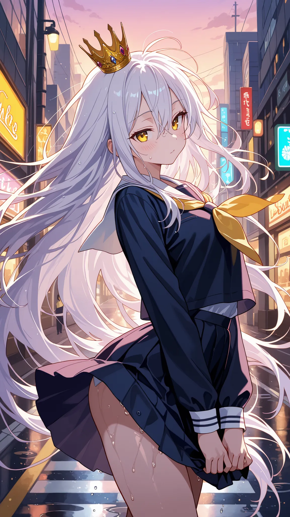 BREAK (masterpiece:1.2), best quality, high resolution, unity 8k wallpaper, (illustration:0.8), (beautiful detrealistic modern city street at dusk, wet road after rain, puddles reflecting traffic lights and buildings, glowing shop signs, evening sky, cinem...