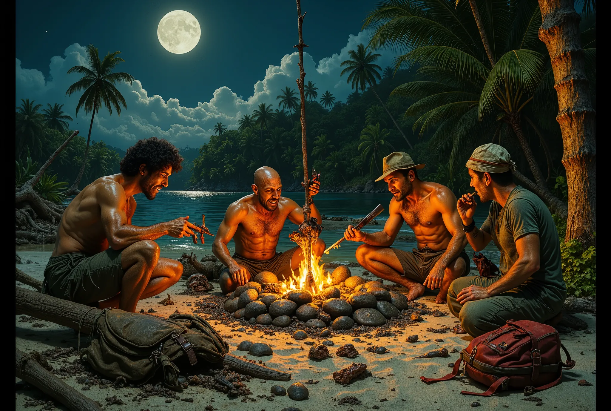 Group must include both men and women! Mostly white people. A crescent moon casts a pale glow over a jagged desert island, fringed by gnarled palms. The lagoon, an obsidian mirror, reflects the fire’s amber flicker, embers drifting into the inky night. A c...