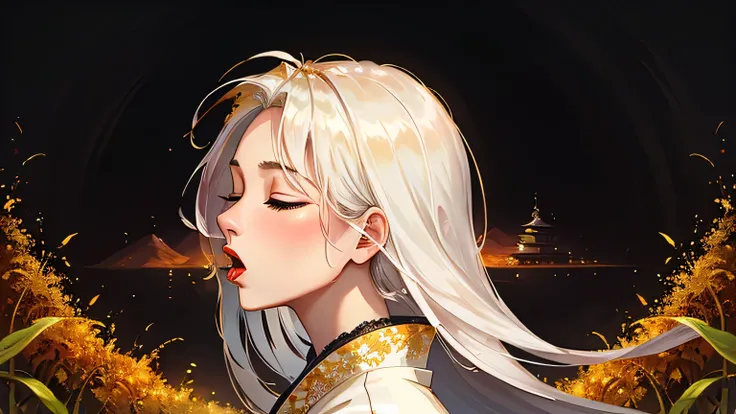 Masterpiece, top quality, artistic composition, beautiful design, creative aesthetics, layers of texture, bold look, amazing golden rice field landscape, one woman, solo, white hair, long hair, Japanese, albino, tilting head, eyes closed, elegant white lac...