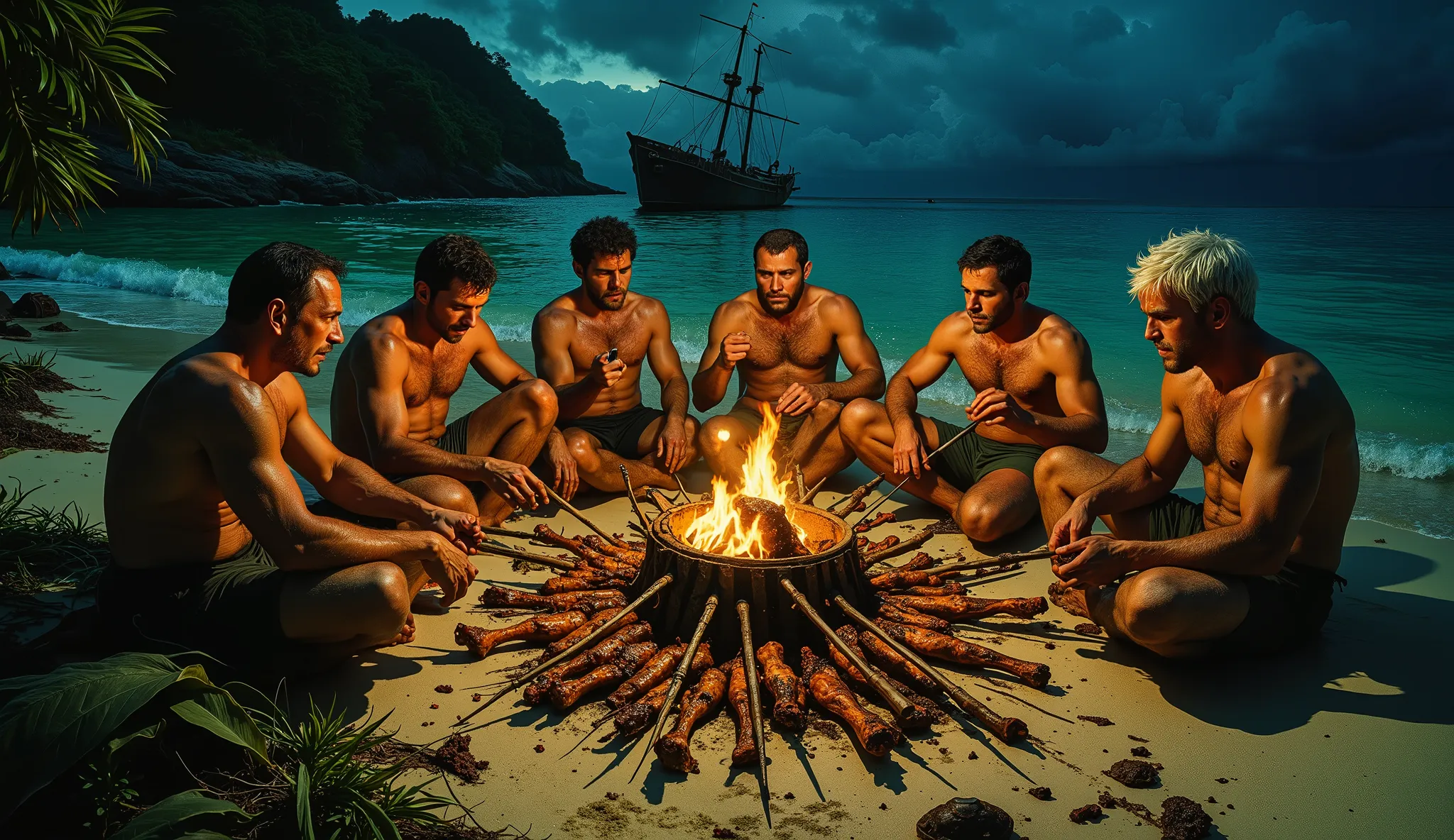Group must include both men and women! Mostly white people. on the beach of a lagoon at night on a deserted island a band of men and women sit around a make shift BBQ pit, on the spit are the roasted arms and legs of small human beings, a pile of discarded...