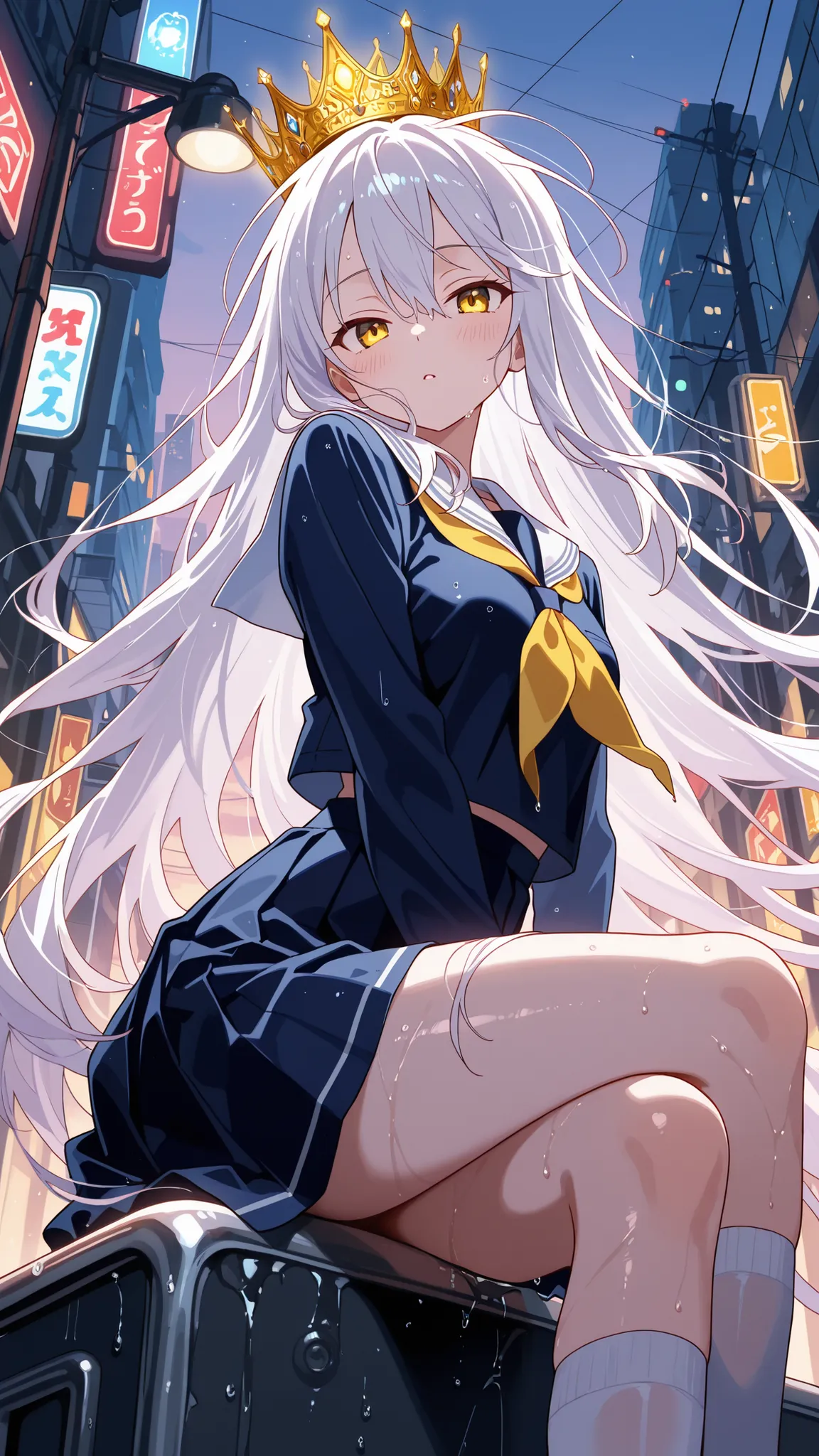 BREAK (masterpiece:1.2), best quality, high resolution, unity 8k wallpaper, (illustration:0.8), (beautiful detrealistic modern city street at dusk, wet road after rain, puddles reflecting traffic lights and buildings, glowing shop signs, evening sky, cinem...