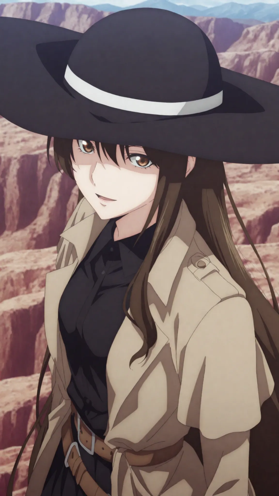 kazuki,ishura
High quality ,  best quality , masterpiece,  High Resolution ,,anatomically correct,,anime Coloring
solo, 1 girl, Beautiful women, adult women, cool women,
, very long hair, brown hair, brown eyes,, black Wide brim hat , hair between eyes ,sm...