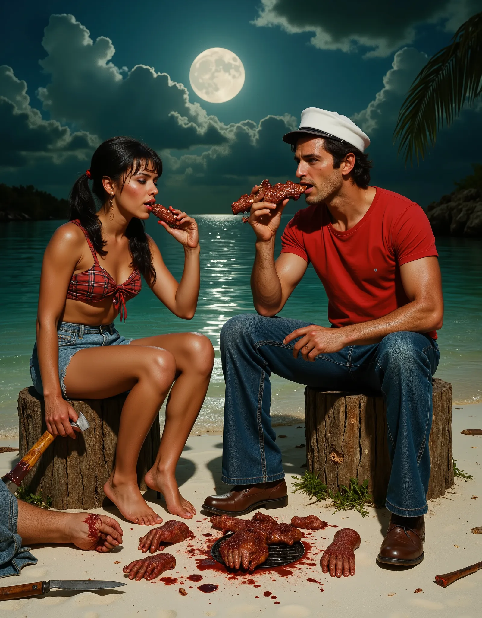 Mary Ann and a man sit around a BBQ sit, eating greasy meat on a skewer, full moon at night, on the white beach of the surrounding lagoon are clothing items of the other castaways, a hatchet and butcher knife covered in blood, the man chews on a slab of co...