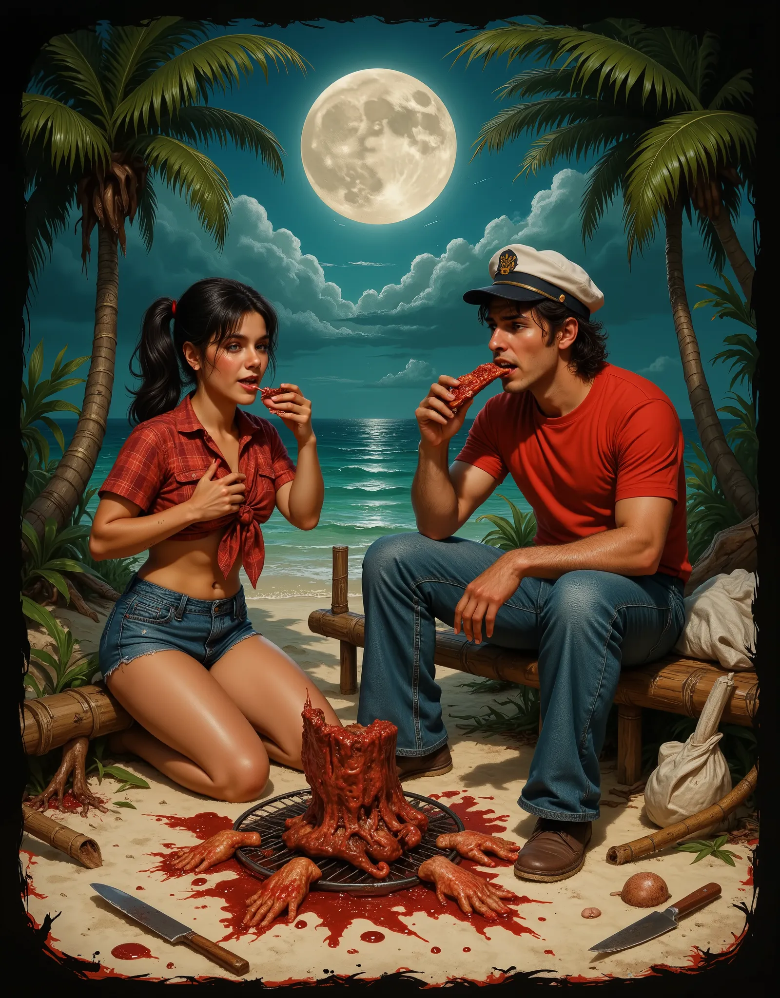 Mary Ann and a man sit around a makeshift BBQ spit, dug into the beach, using branches and bamboo as the BBQ rigging, eating greasy meat with their bare hands, full moon at night, on the white beach of the surrounding lagoon are clothing items of the other...