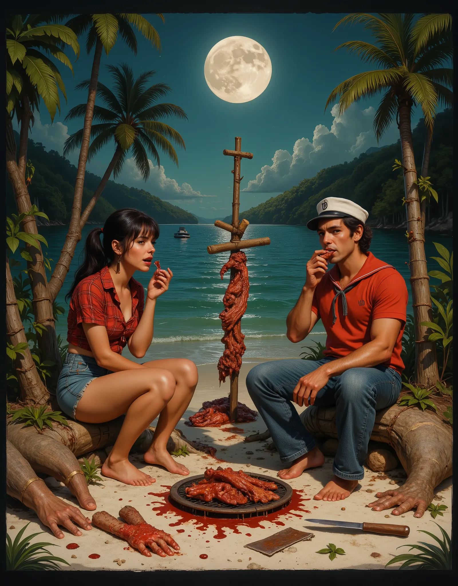 Mary Ann and a man sit around a makeshift BBQ spit, dug into the beach, using branches and bamboo as the BBQ pit rigging, eating greasy meat with their bare hands, full moon at night, on the white beach of the surrounding lagoon are clothing items of the o...