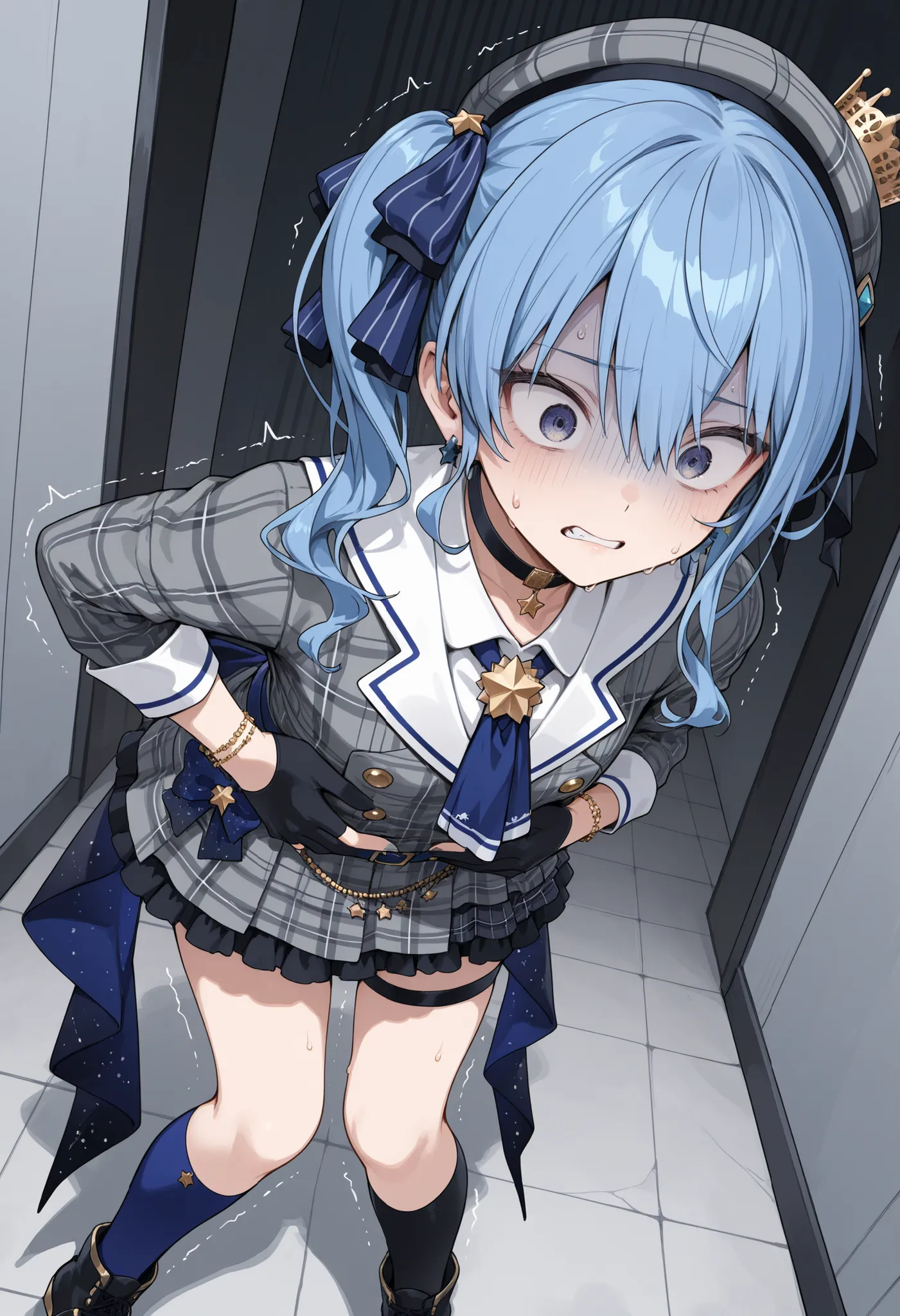 masterpiece,perfect anatomy,high resolution, ultra-detailed,beautiful detailed eyes,dutch angle,absurdres,1girl,solo,hoshimachi suisei,blue hair,side ponytail, plaid beret, crown, blue star choker, star earrings, blue ascot, grey plaid jacket, grey plaid s...