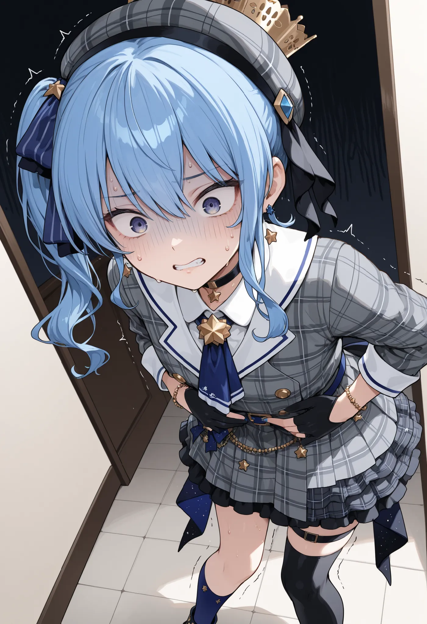 masterpiece,perfect anatomy,high resolution, ultra-detailed,beautiful detailed eyes,dutch angle,absurdres,1girl,solo,hoshimachi suisei,blue hair,side ponytail, plaid beret, crown, blue star choker, star earrings, blue ascot, grey plaid jacket, grey plaid s...