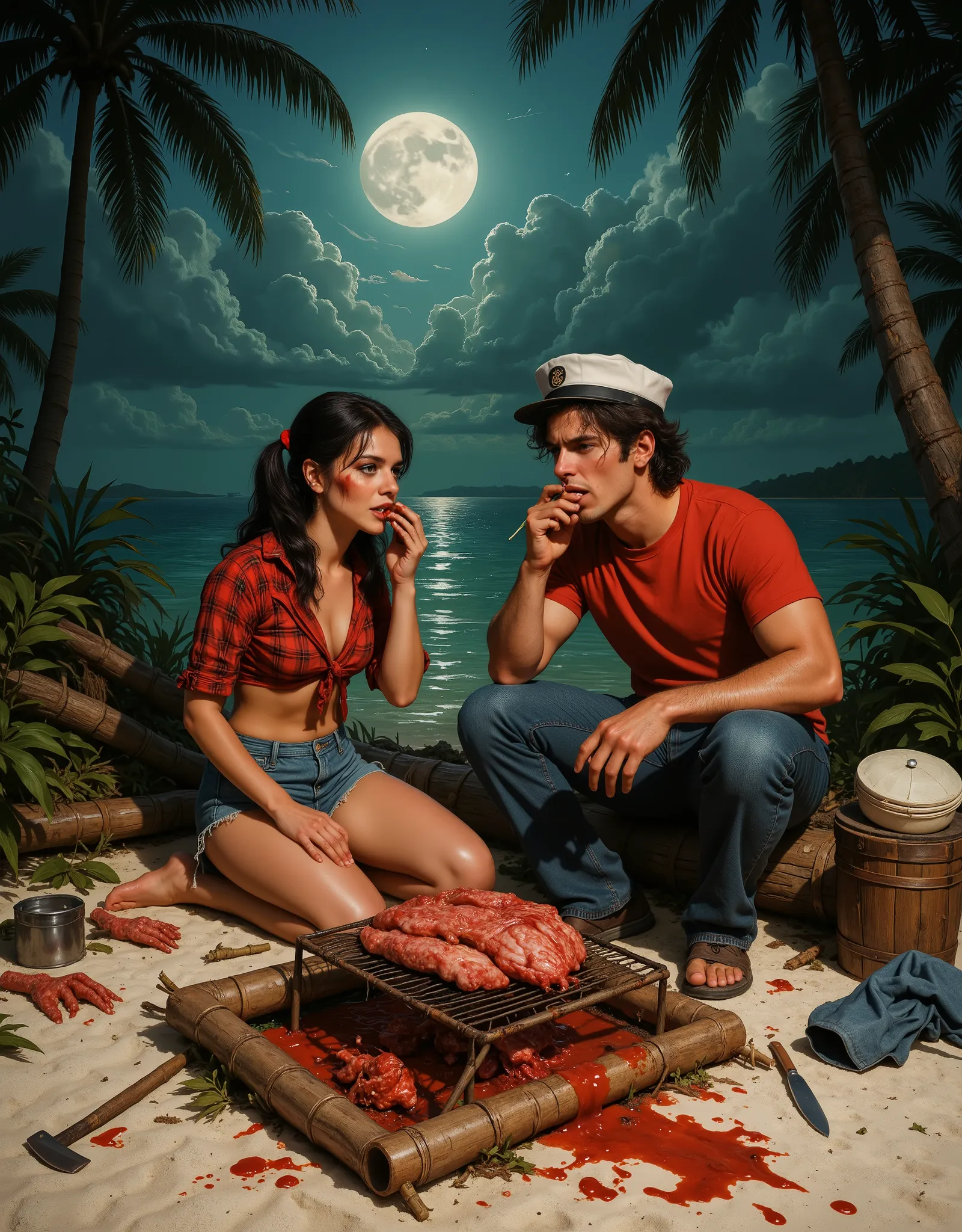 Mary Ann and a man sit around a makeshift BBQ spit, dug into the beach, using branches and bamboo as the BBQ pit rigging, eating greasy meat with their bare hands, full moon at night, on the white beach of the surrounding lagoon are clothing items of the o...