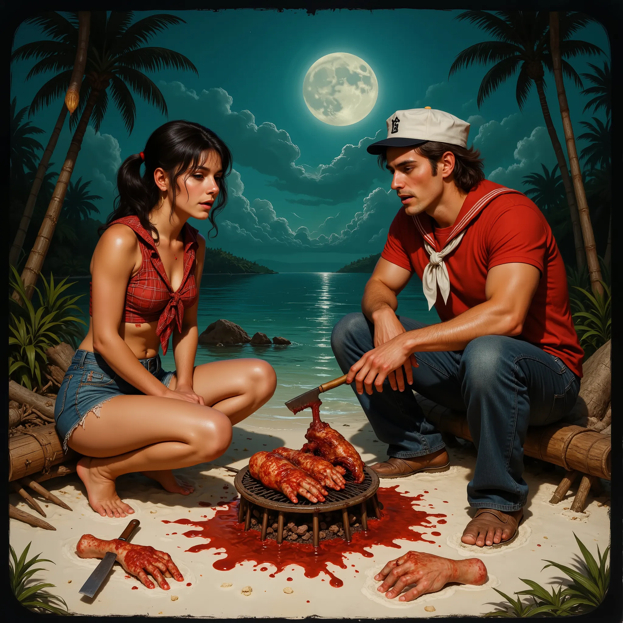 Mary Ann and a man sit around a makeshift BBQ spit, dug into the beach, using branches and bamboo as the BBQ pit rigging, watching greasy meat roast in anticipation, full moon at night, on the white beach of the surrounding lagoon are clothing items of the...