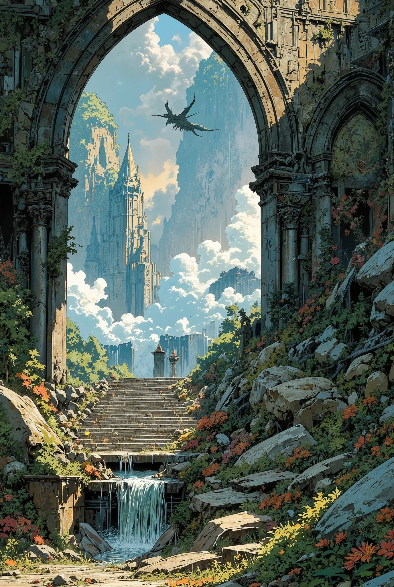 An island lost in time lies in ruins, swallowed up by jungles and sands. Giant ruined stone arches covered with moss and vines. The water seeping through the cracks creates small waterfalls flowing down the steps overgrown with bright tropical flowers.
And...