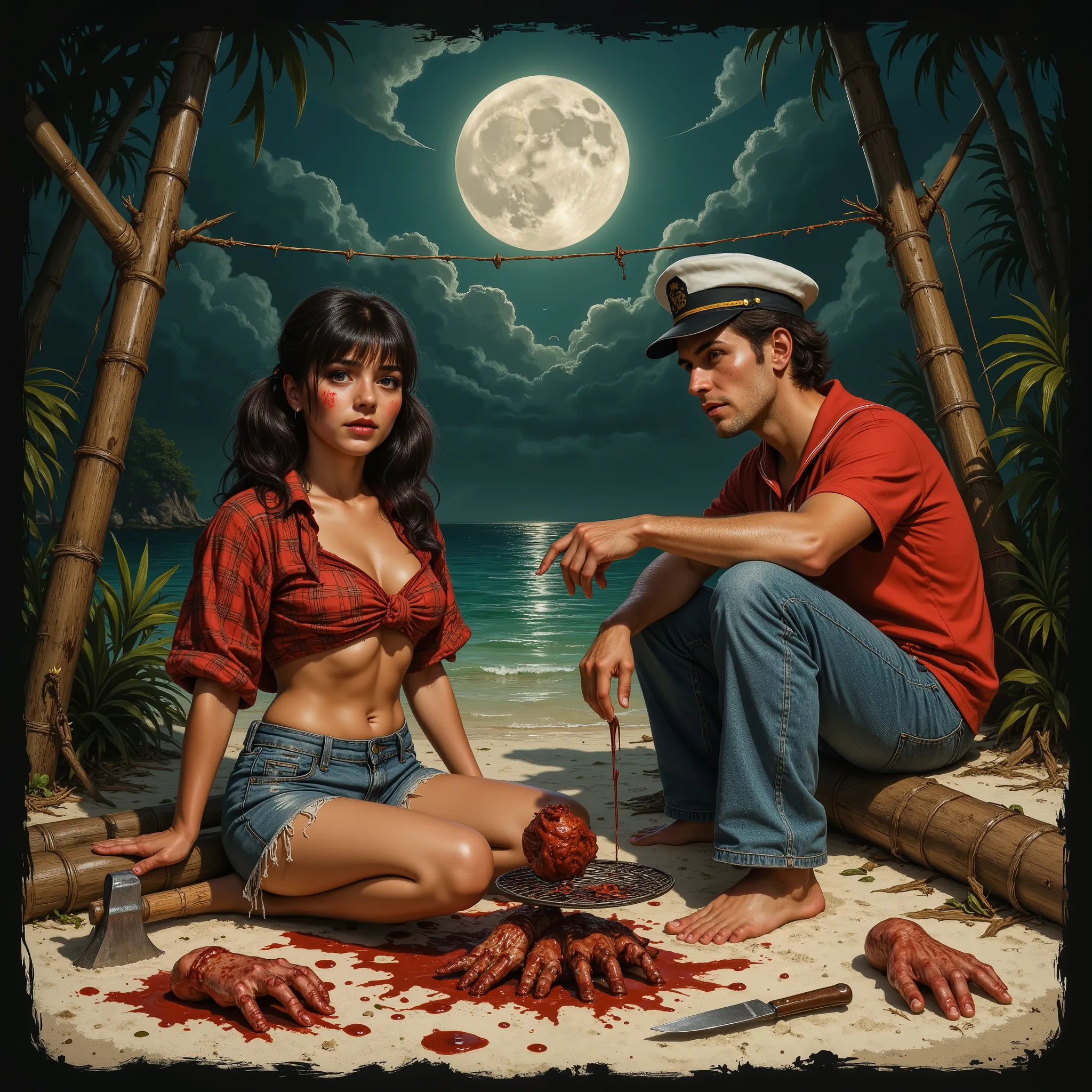 Mary Ann and a man sit around a makeshift BBQ spit, dug into the beach, using branches and bamboo as the BBQ pit rigging, watching greasy meat roast in anticipation, full moon at night, on the white beach of the surrounding lagoon are clothing items of the...