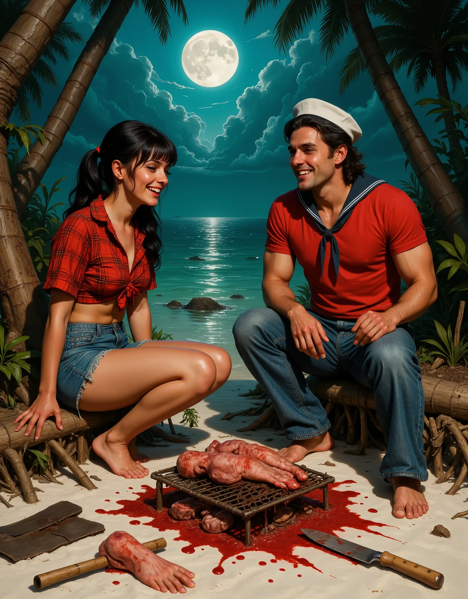 Mary Ann and a man sit around a makeshift BBQ spit, dug into the beach, using branches and bamboo as the BBQ rigging, cooking up some human flesh, full moon at night, on the white beach of the surrounding lagoon, strewn about are the clothing items of the ...