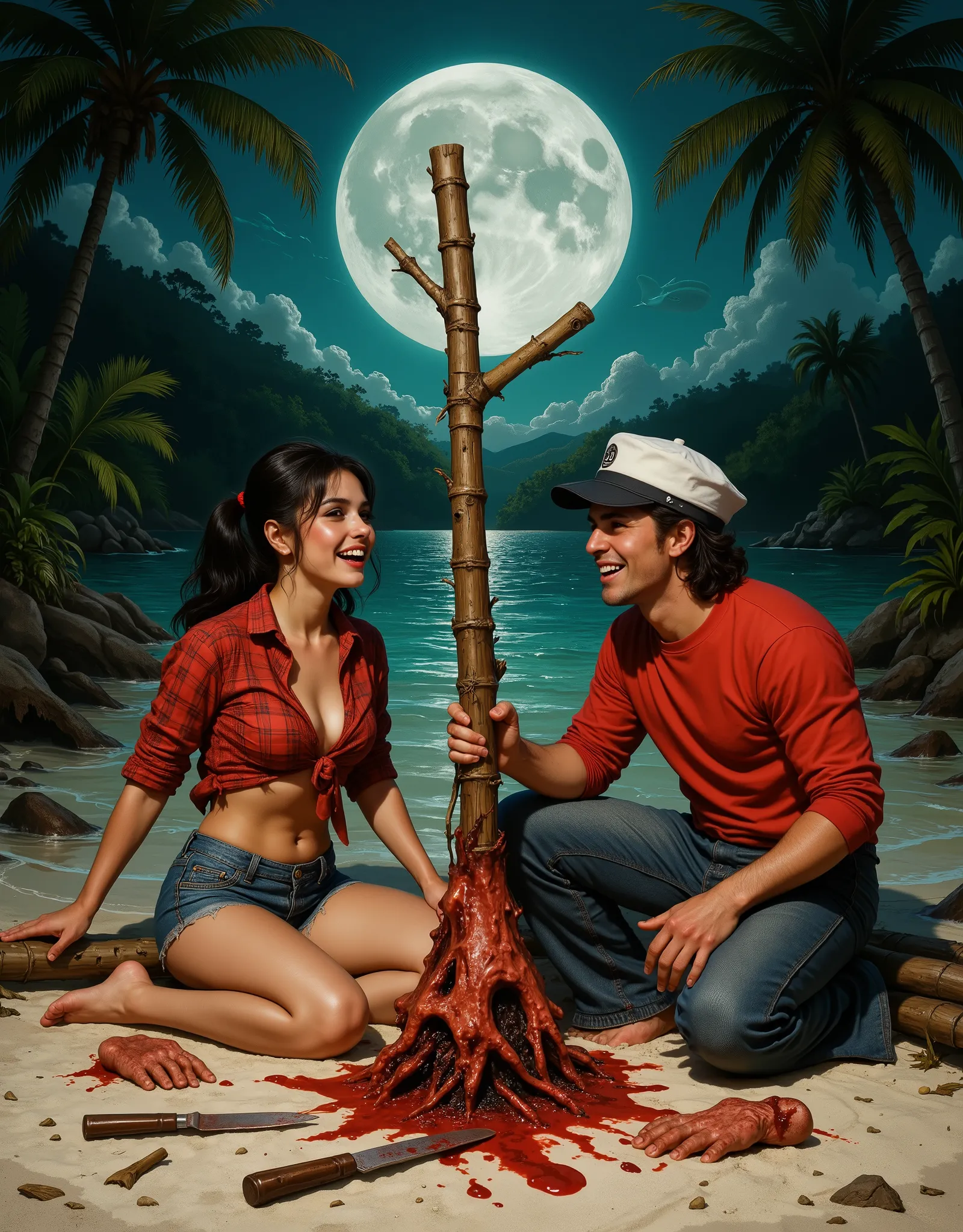 Mary Ann and a man sit around a makeshift BBQ spit, dug into the beach, using branches and bamboo as the BBQ rigging, cooking up some human flesh, full moon at night, on the white beach of the surrounding lagoon, strewn about are the clothing items of the ...
