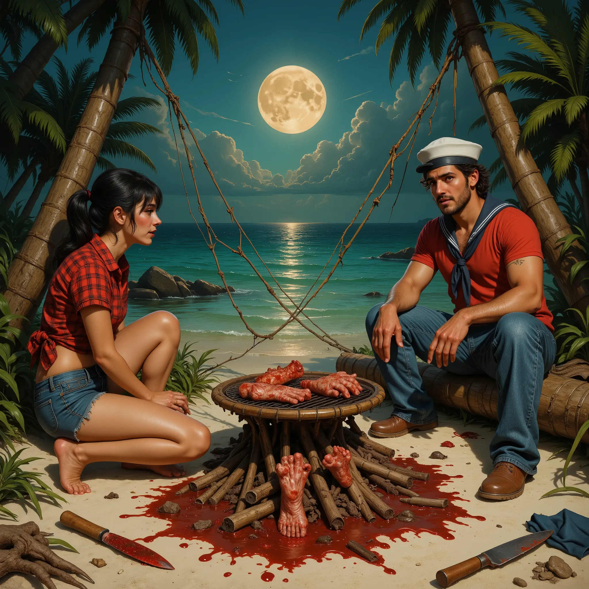 Mary Ann and a male castaway on a desert island sit around a makeshift BBQ spit, dug into the beach, using branches and bamboo as the BBQ pit rigging, watching greasy meat roast in anticipation, full moon at night, on the white beach of the surrounding lag...