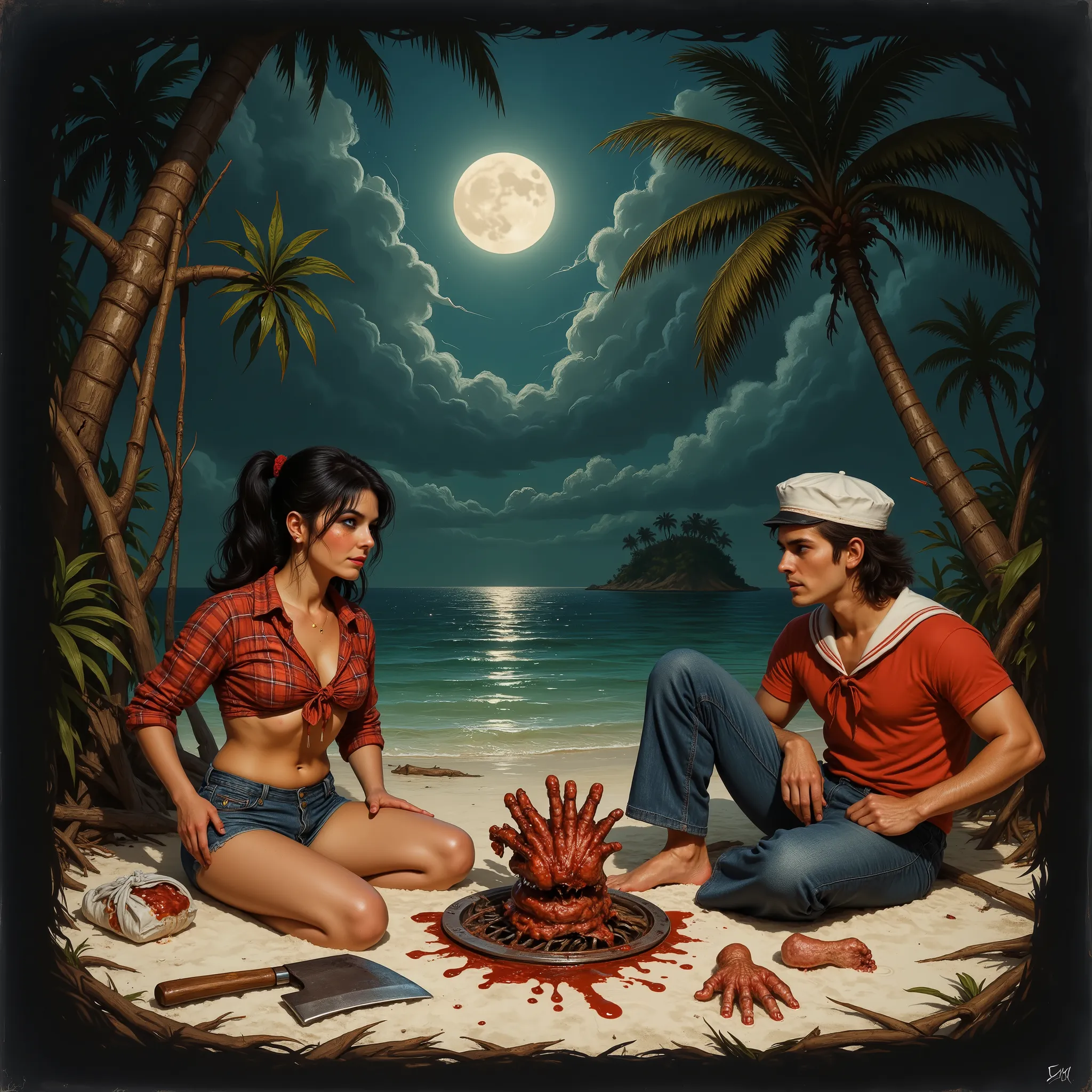 Mary Ann and a male castaway on a desert island sit around a makeshift BBQ spit, dug into the beach, using branches and bamboo as the BBQ pit rigging, watching greasy meat roast in anticipation, full moon at night, on the white beach of the surrounding lag...
