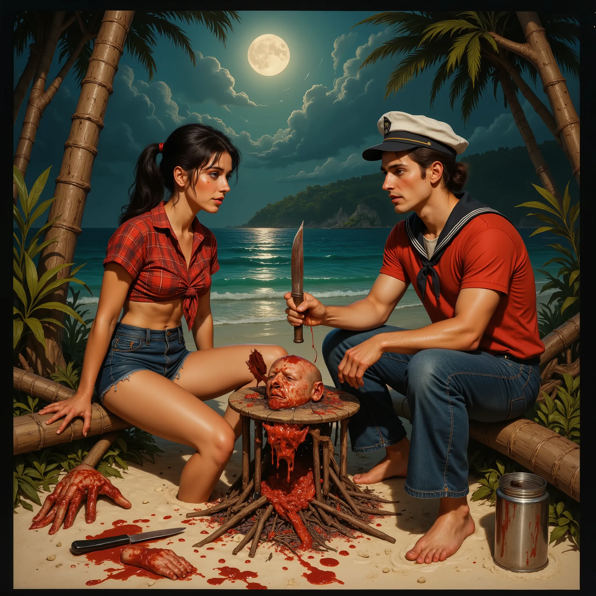 Mary Ann and a male castaway on a desert island sit around a makeshift BBQ spit, dug into the beach, using branches and bamboo as the BBQ pit rigging, watching greasy meat roast in anticipation, a human head is scorched in the fire, full moon at night, on ...
