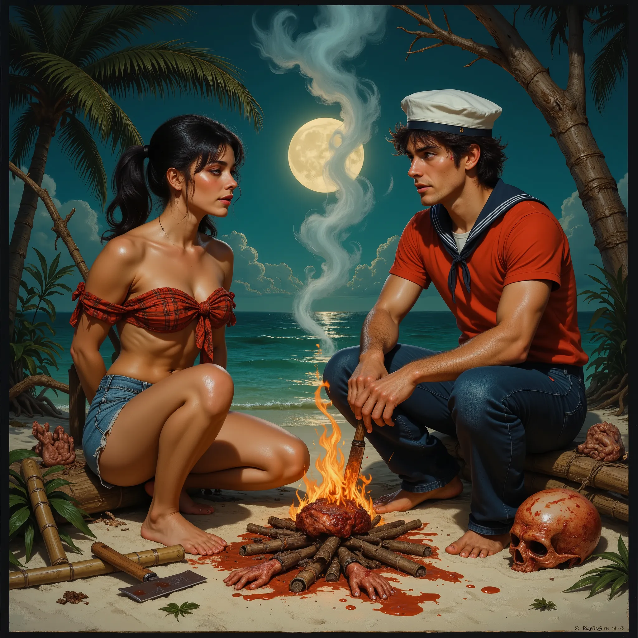 Mary Ann and a male castaway on a desert island sit around a makeshift BBQ spit, dug into the beach, using branches and bamboo as the BBQ pit rigging, watching greasy meat roast in anticipation, a human head is scorched in the fire, full moon at night, on ...